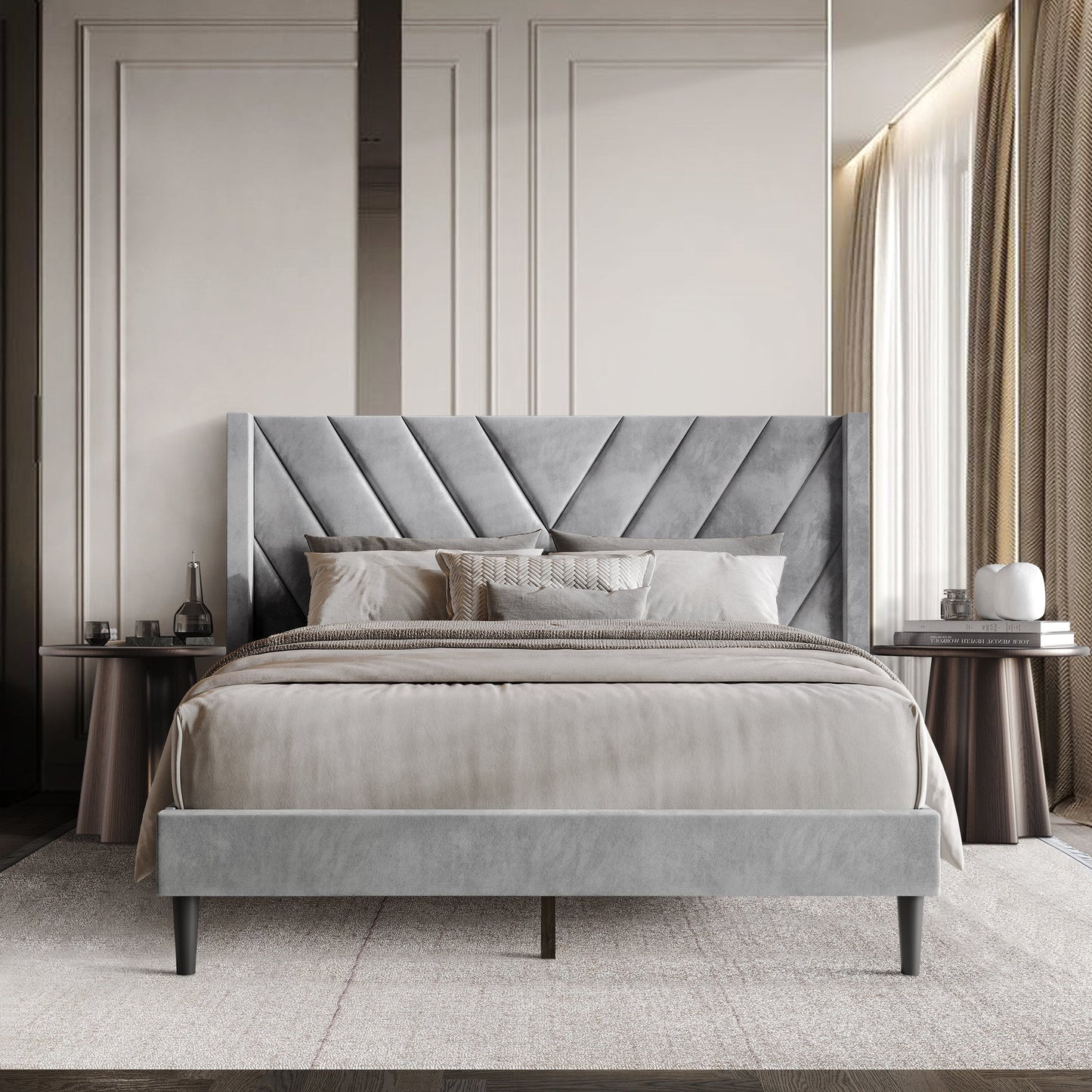 Castle Place Sophisticated Wingback Velvet Upholstered Twin Platform Bed, Silver Grey
