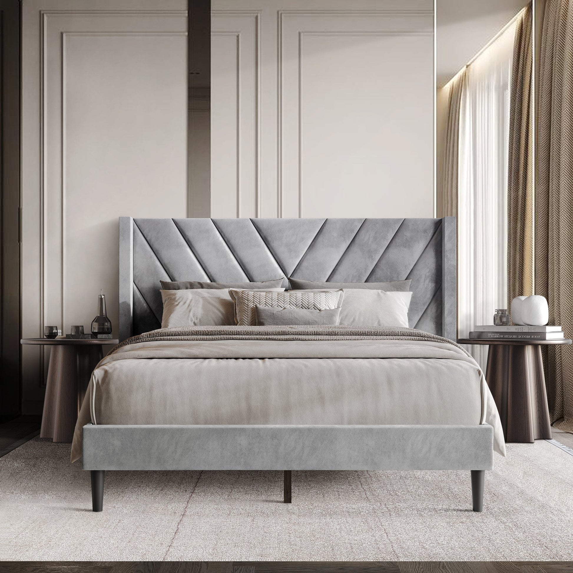 Castle Place Sophisticated Wingback Velvet Upholstered Twin Platform Bed, Silver Grey
