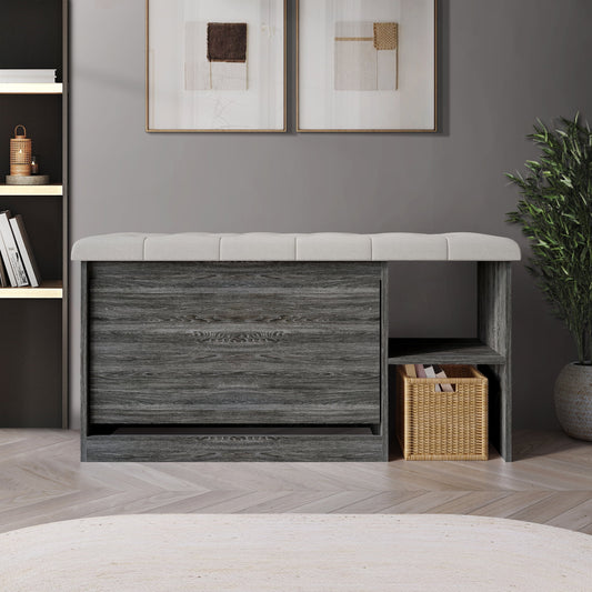 Castle Place Upholstered 41"L x 22" H Bench with Shoe Storage, Dark Grey