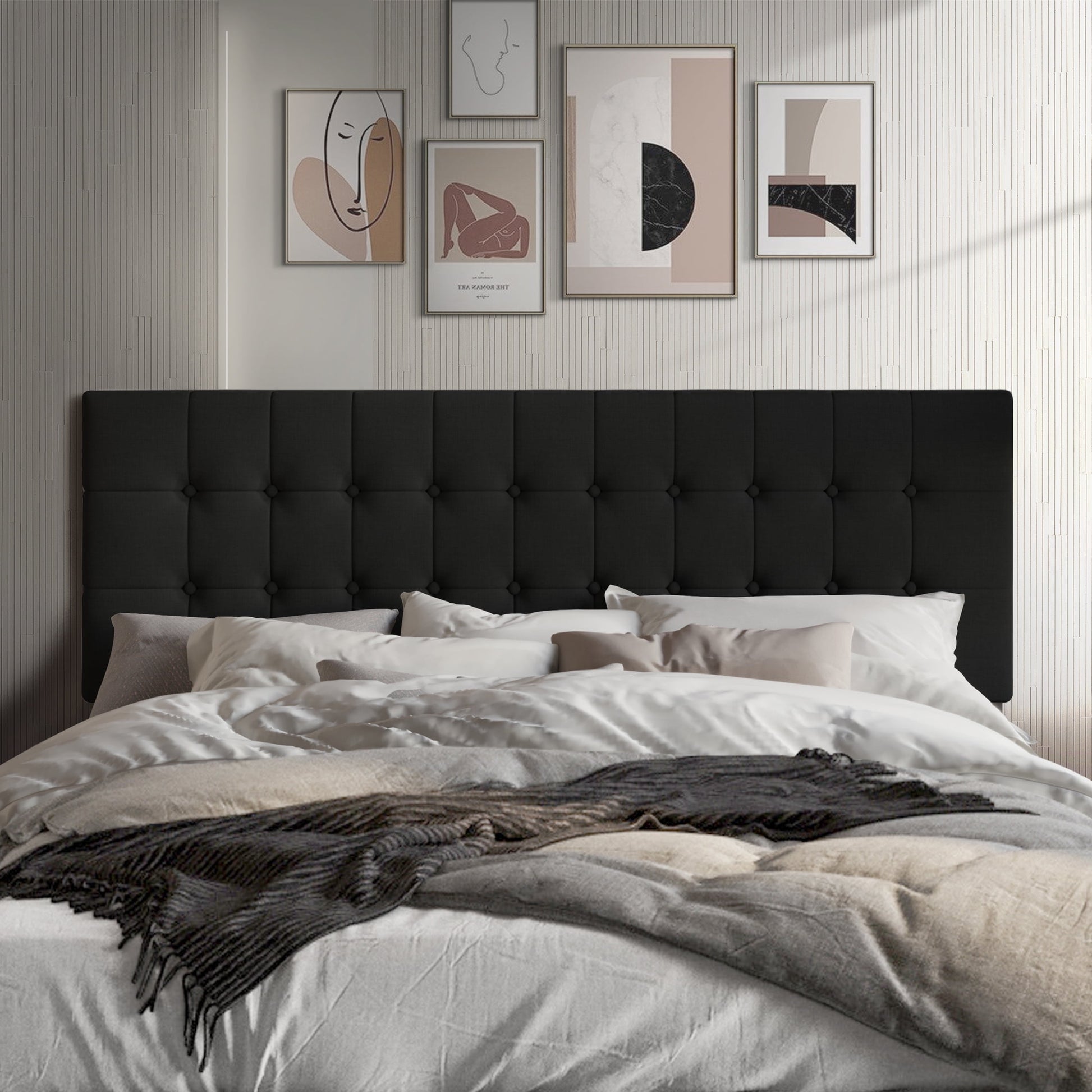 Castle Place Upholstered Button Tufted Linen Headboard, Black, Full