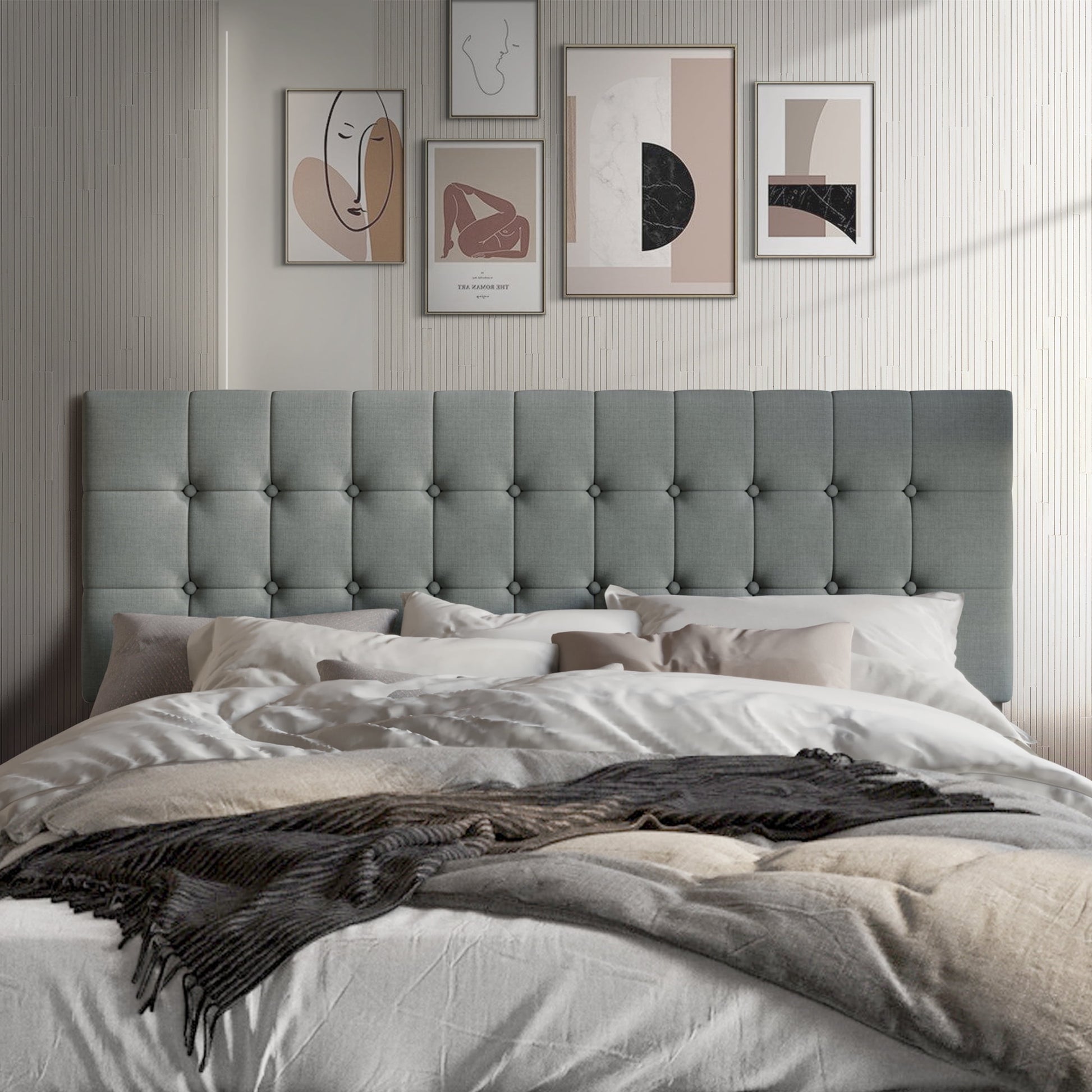 Castle Place Upholstered Button Tufted Linen Headboard, Light Grey, Twin