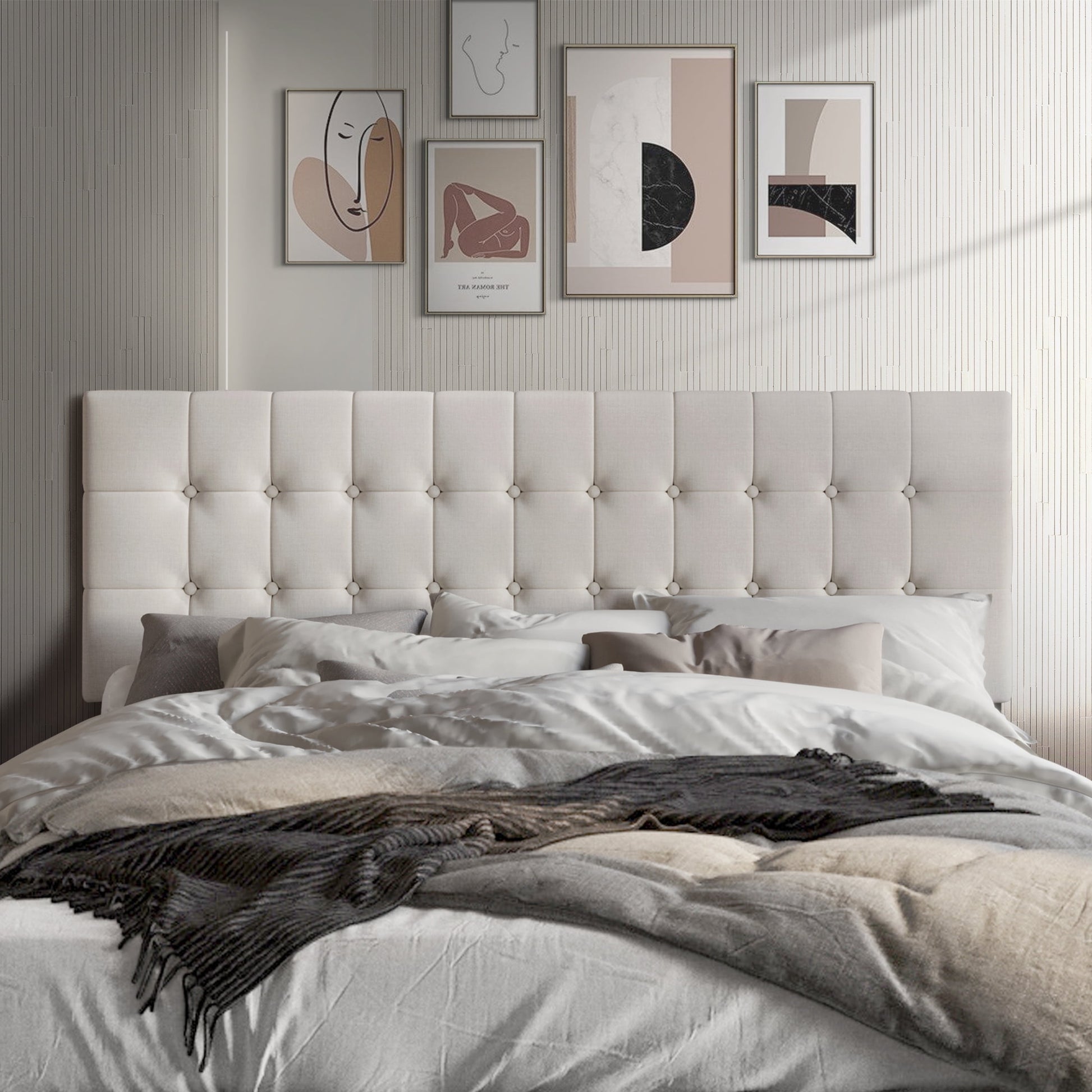 Castle Place Upholstered Button Tufted Linen Headboard, Warm Grey, Twin