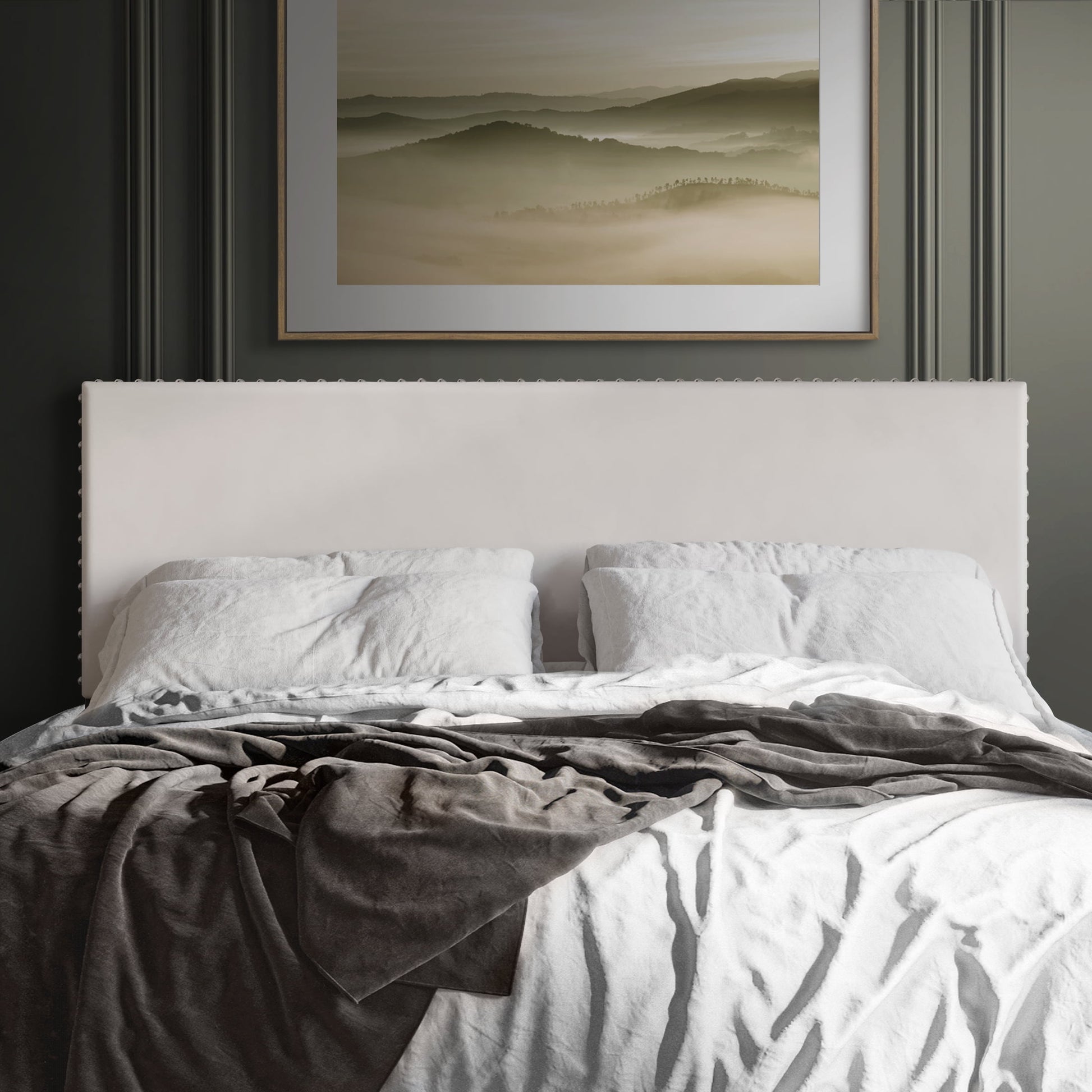 Castle Place Upholstered Nailhead Trim Velvet Headboard, Beige, Full