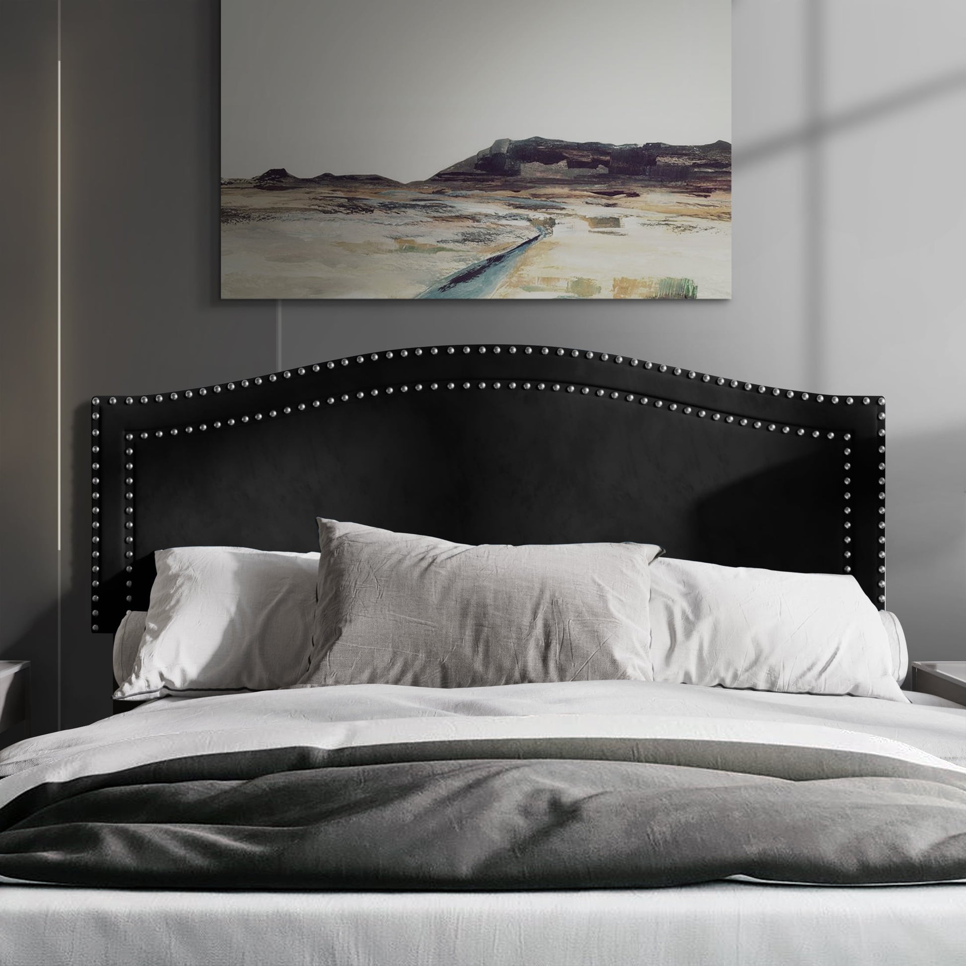 Castle Place Upholstered Nailhead Trimmed Headboard, Black Velvet, Full