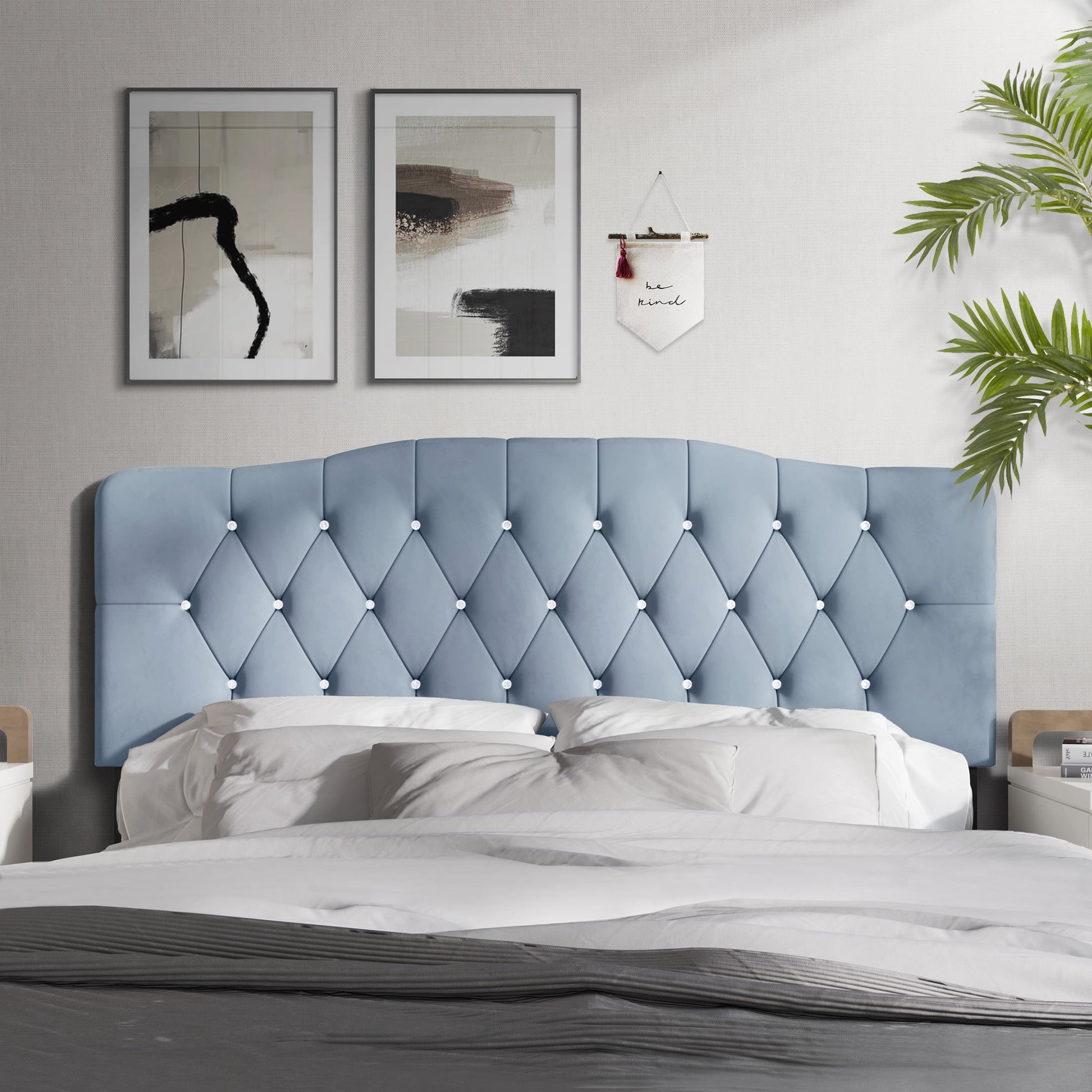 Castle Place Upholstered Tufted Headboard, Light Blue Velvet, King