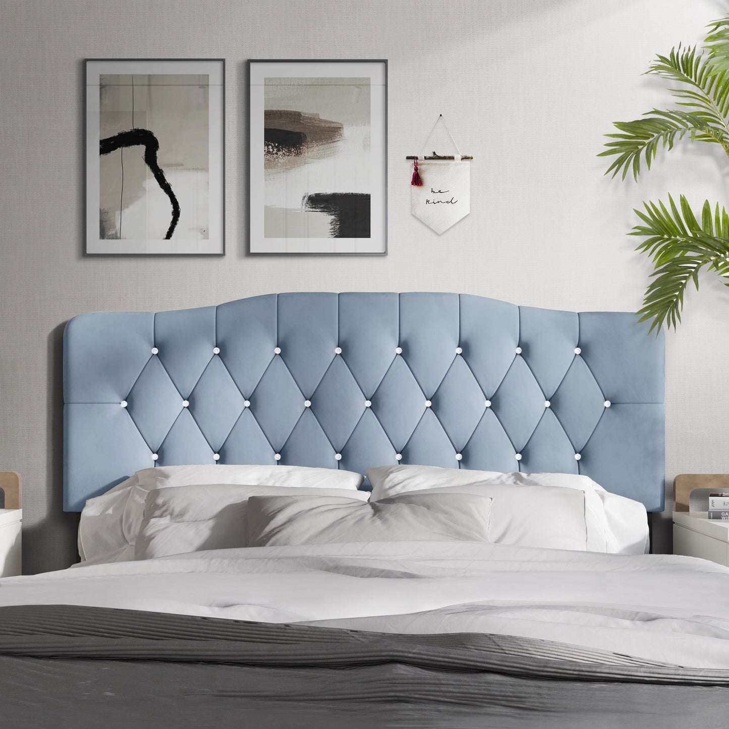 Castle Place Upholstered Tufted Headboard, Light Blue Velvet, Queen