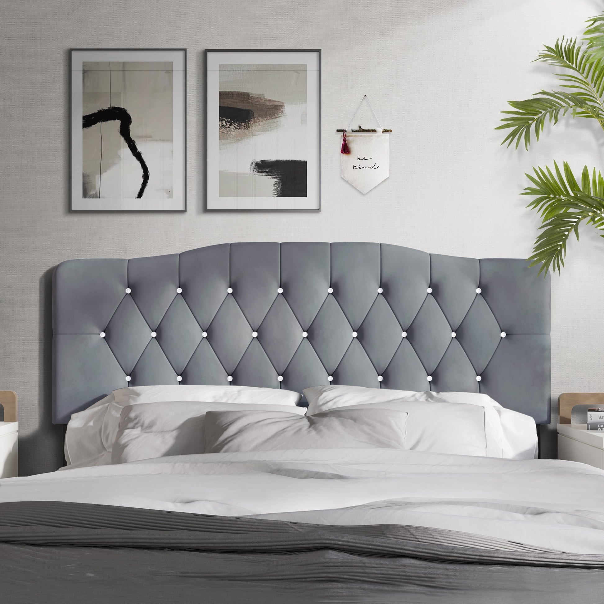 Castle Place Upholstered Tufted Headboard, Light Grey Velvet, King