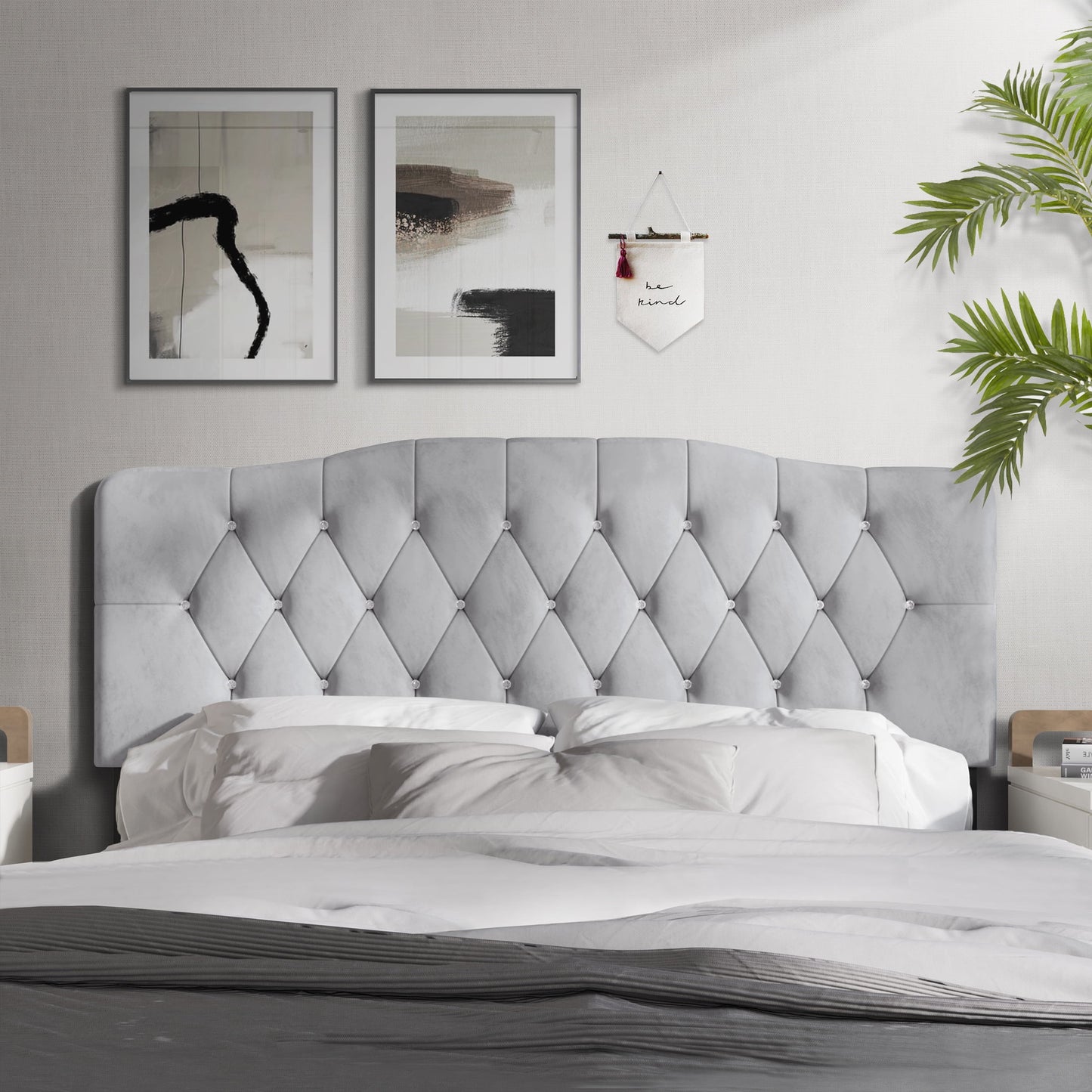 Castle Place Upholstered Tufted Headboard, Silver Grey Velvet, Full