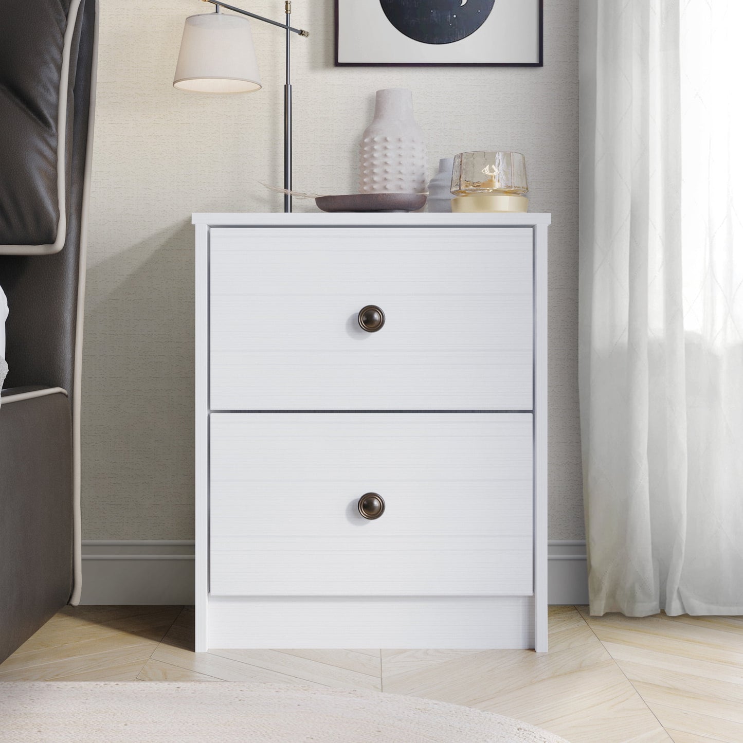 Castle Place Vintage Nightstand with 2 Drawers, White Gray