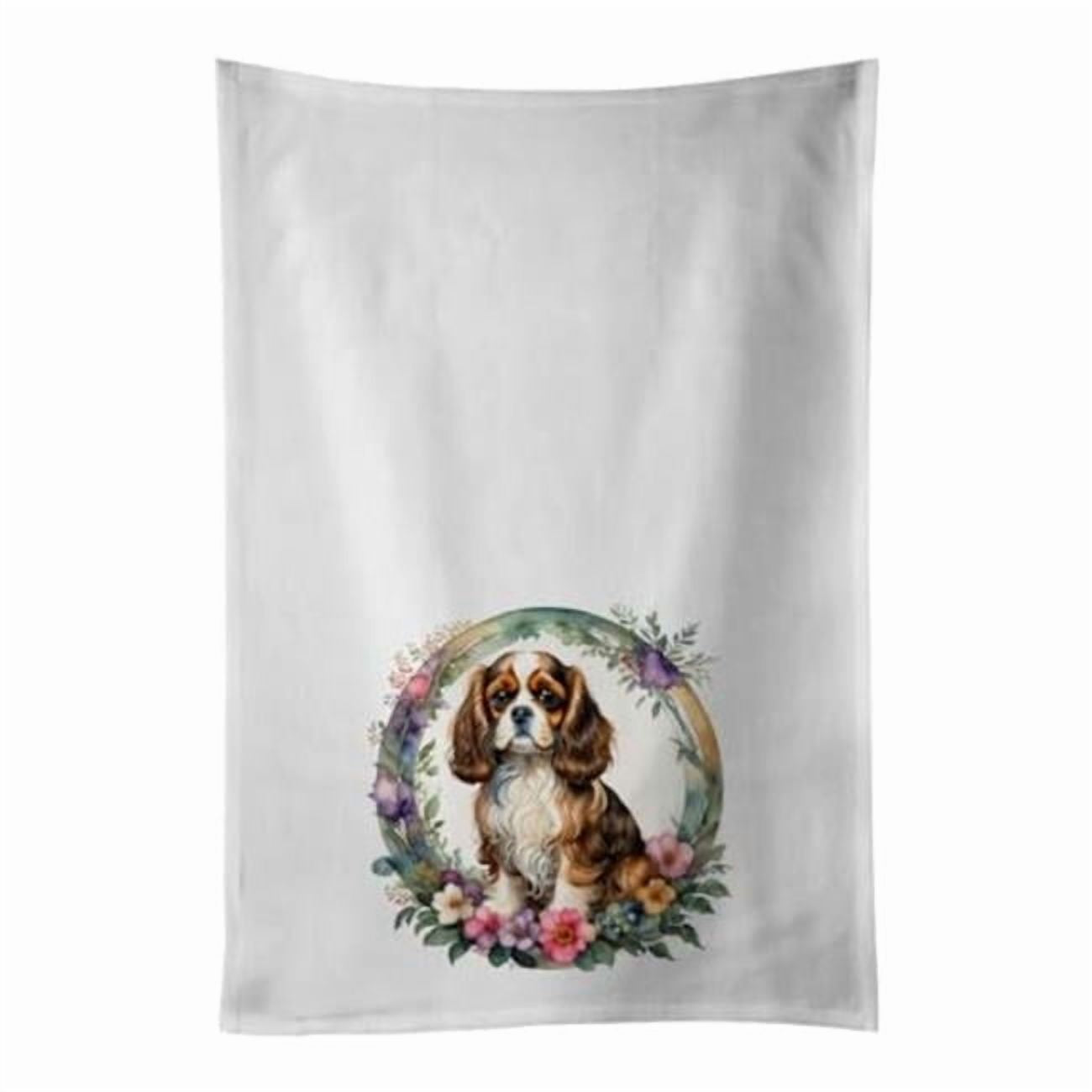 Cavalier Spaniel and Flowers Kitchen Towel Set of 2 White Dish Towels 19 in x 28 in