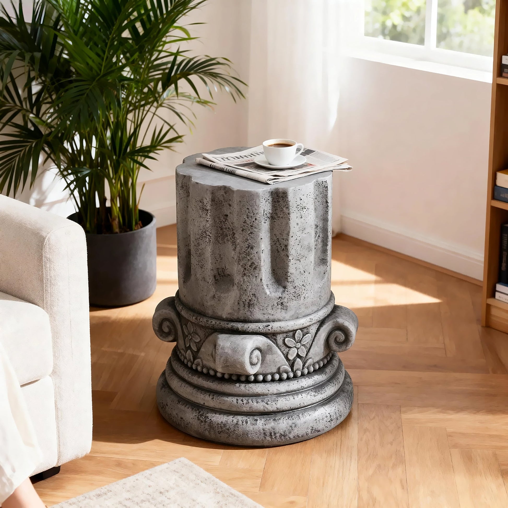 Cement Side Table, Modern Small Round Accent End Table for Patio Garden Backyard Outdoor Rest Area, Antique Grey