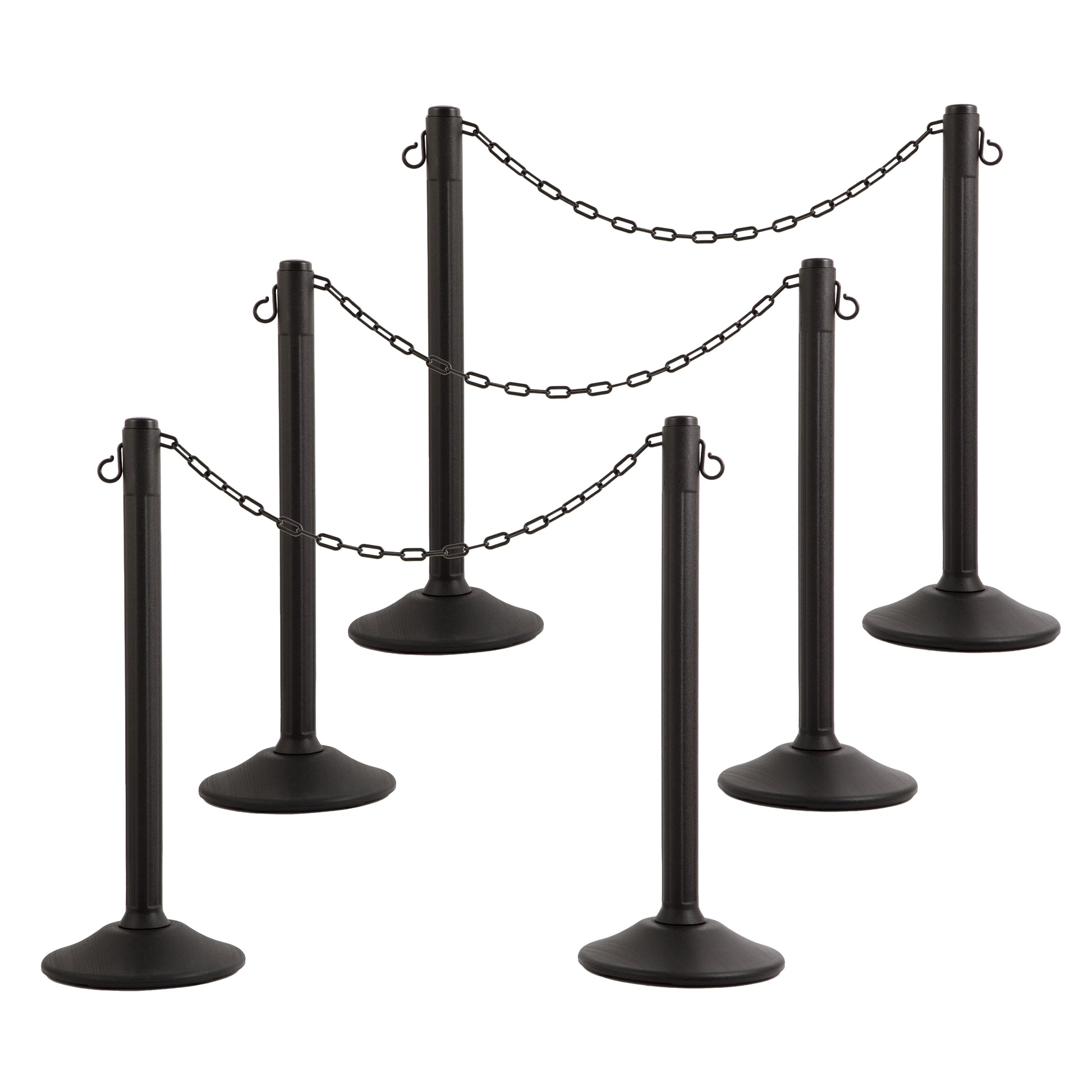 ChainBoss Heavy Duty Fillable Black Plastic Stanchions Crowd Control Barriers With 10' of Black Plastic Chain Kit (6-Pack)