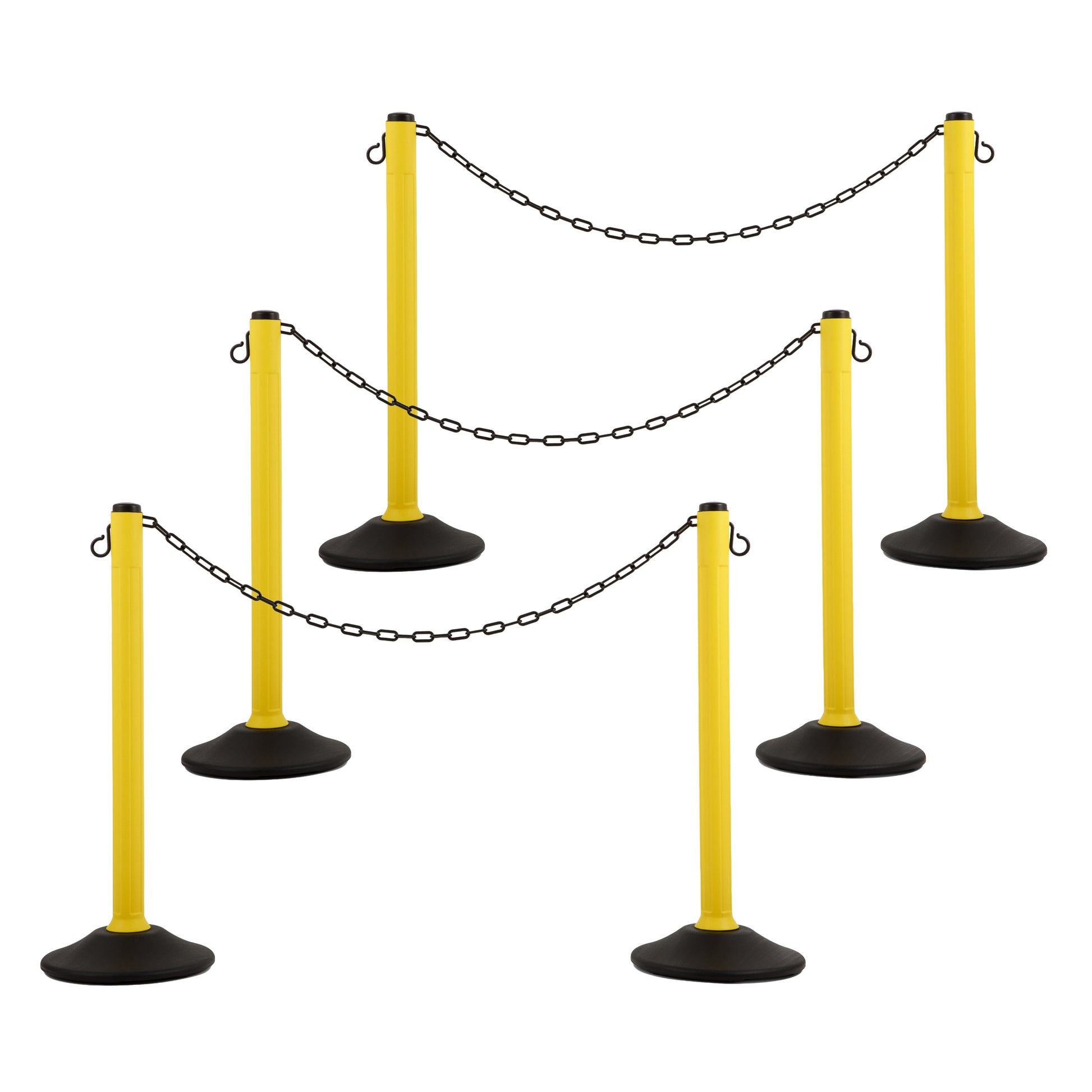 ChainBoss Heavy Duty Fillable Yellow Plastic Stanchions Crowd Control Barriers With 10' of Black Plastic Chain Kit (6-Pack)