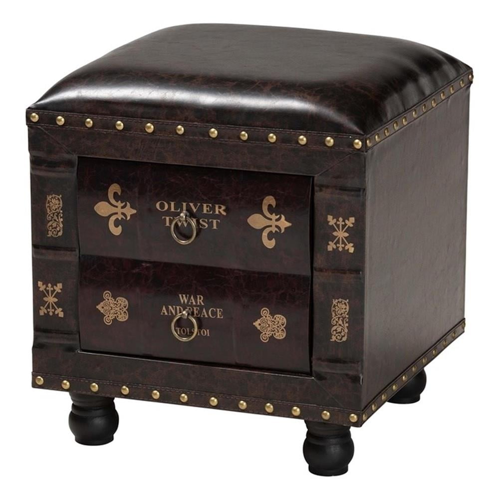 Charlier Rustic Antique Inspired Faux Leather Upholstered Wood Storage Ottoman with Book Spine Drawer