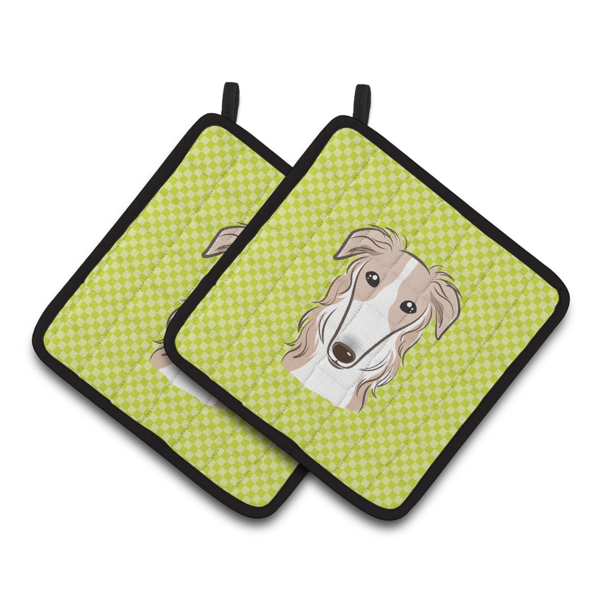 Checkerboard Lime Green Borzoi Pair of Pot Holders