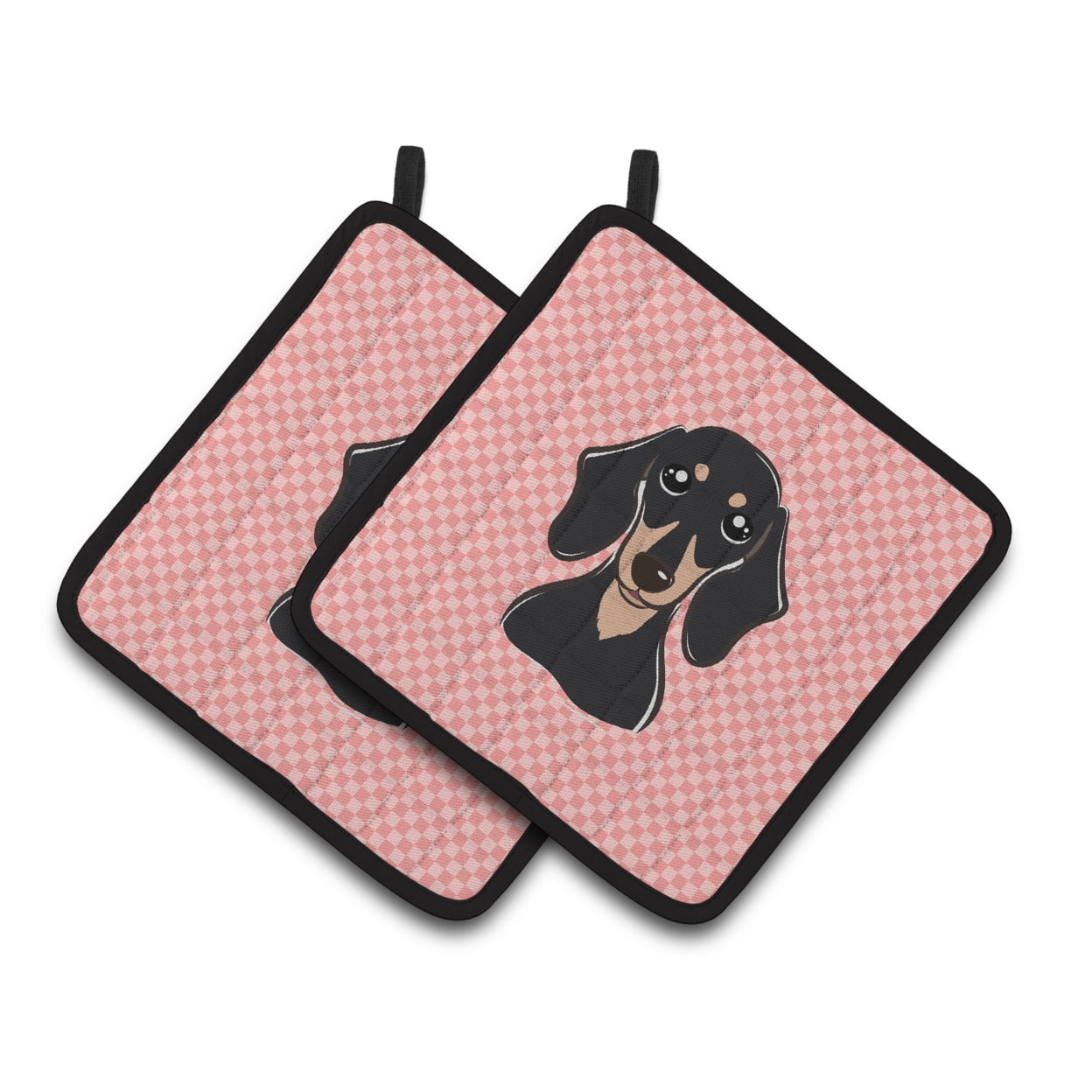 Checkerboard Pink Smooth Black and Tan Dachshund Pair of Pot Holders