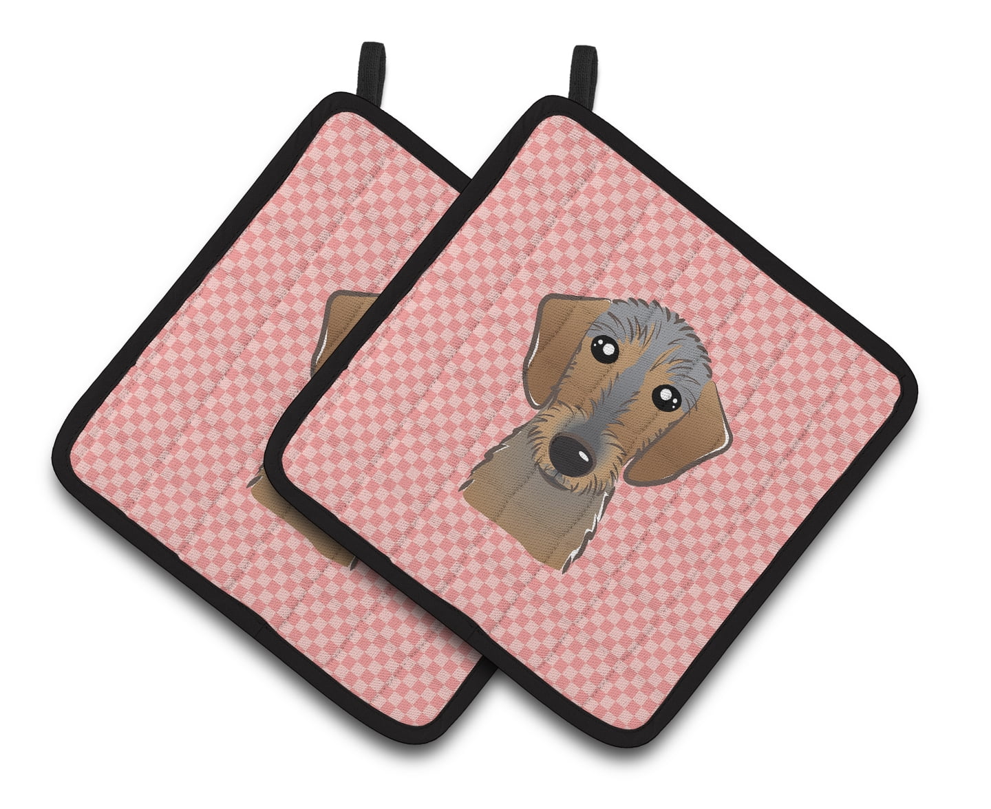 Checkerboard Pink Wirehaired Dachshund Pair of Pot Holders
