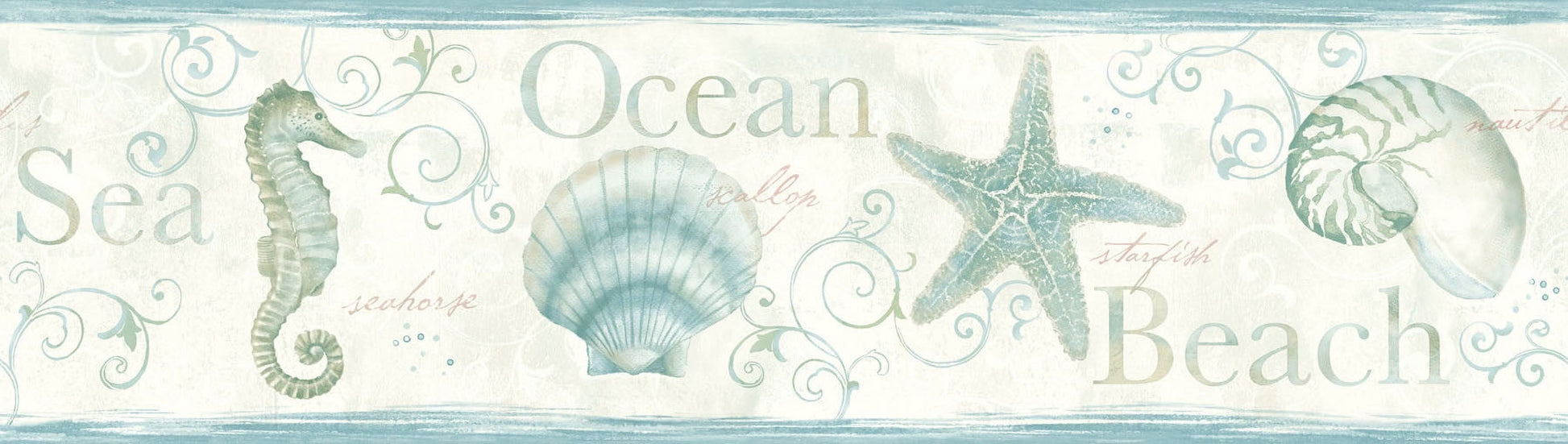 Chesapeake Island Teal Teal Seashells Border Prepasted Non Woven Blend Wallpaper, 6-in by 15-ft, 7.5 sq. ft.