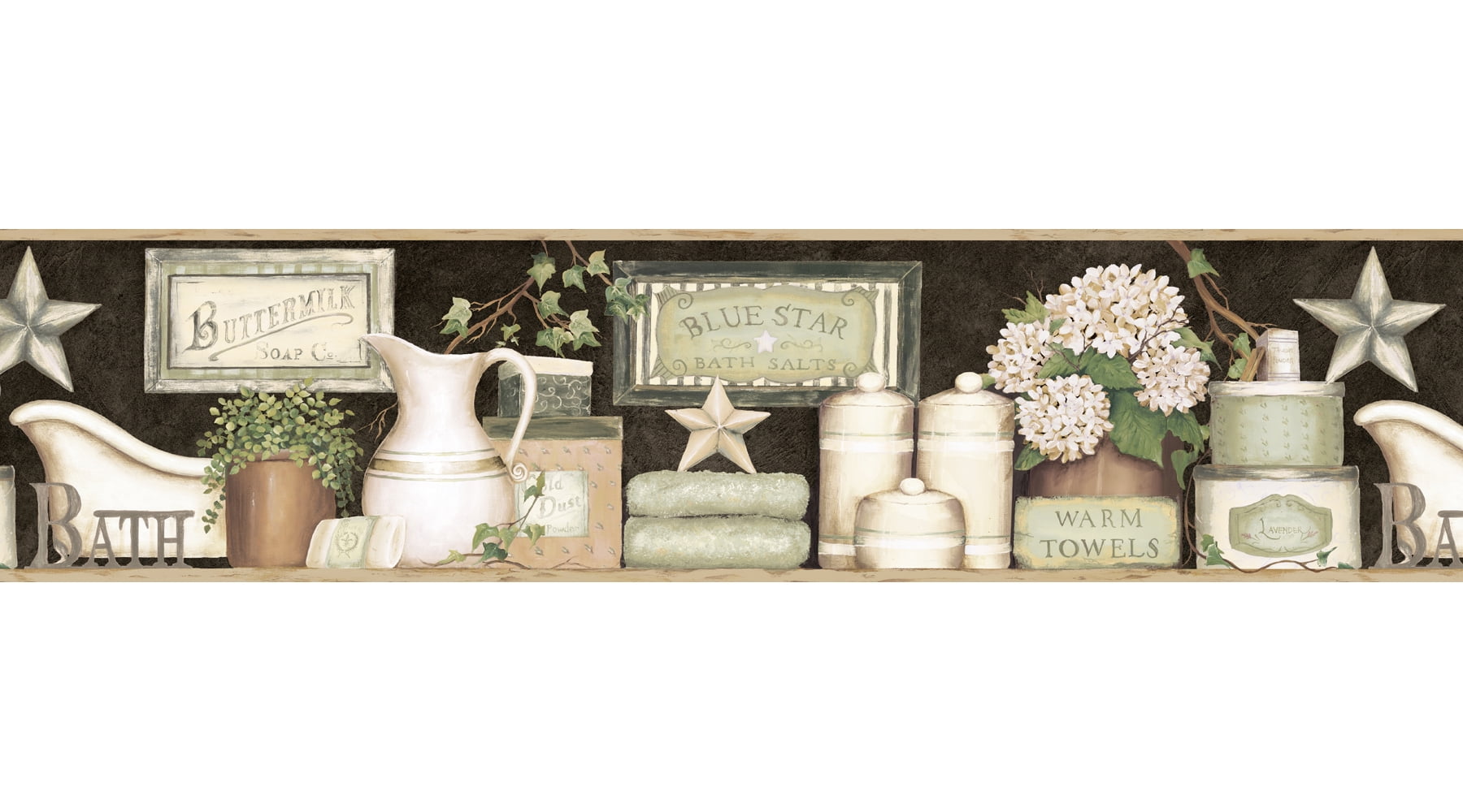 Chesapeake Martha Black Country Bath Border Prepasted Non Woven Blend Wallpaper, 6-in by 15-ft, 56.4 sq. ft.