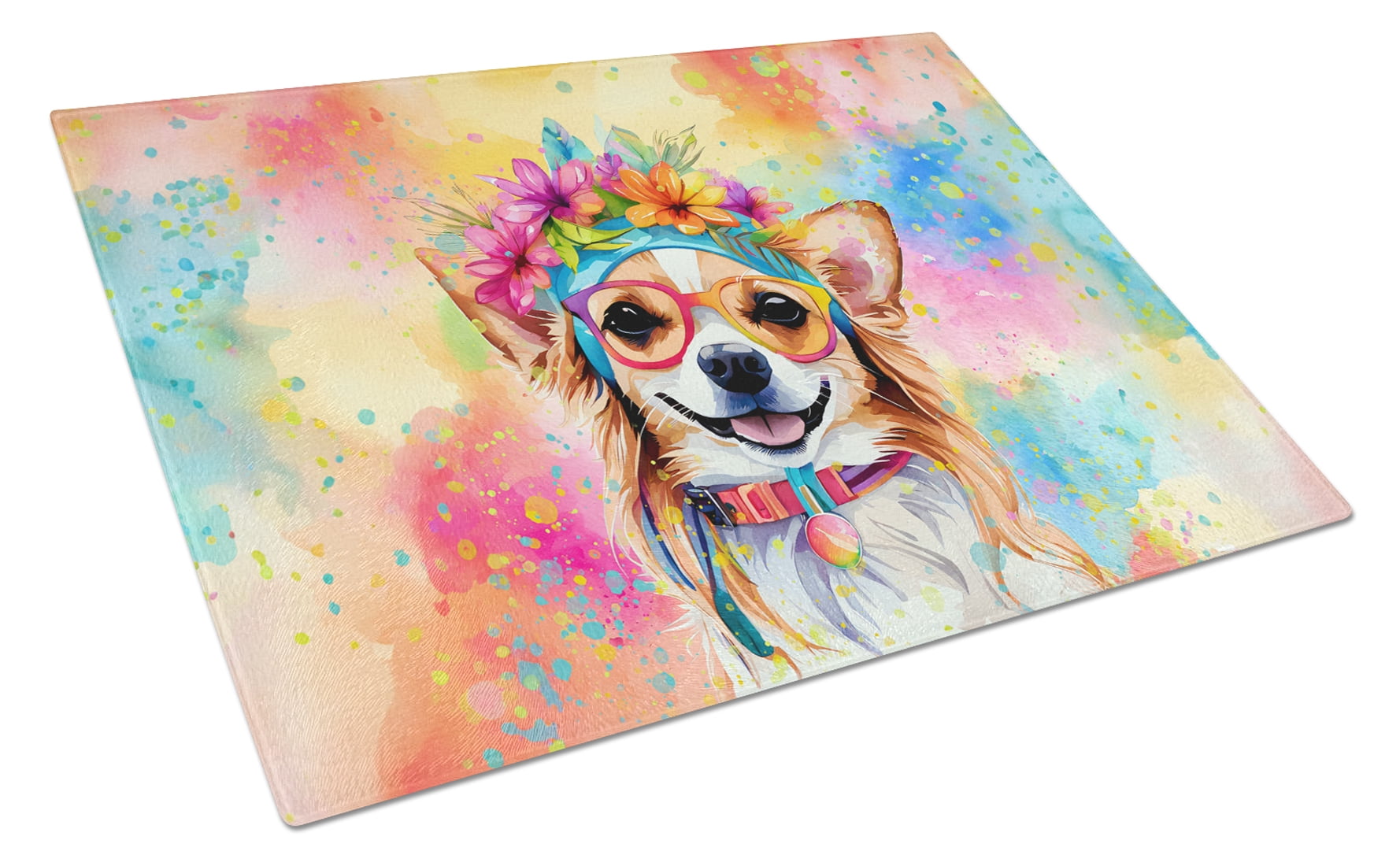 Chihuahua Hippie Dawg Glass Cutting Board Large 12 in x 15 in