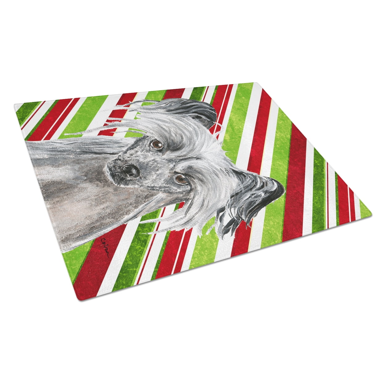 Chinese Crested Candy Cane Christmas Glass Cutting Board Large