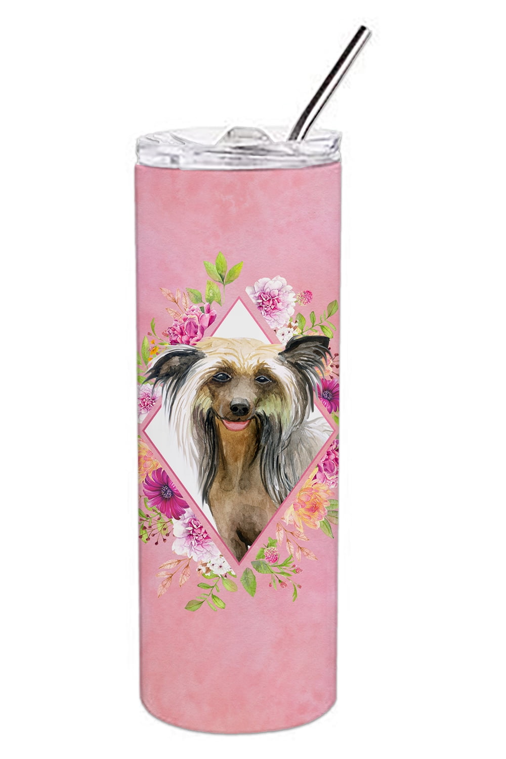 Chinese Crested Pink Flowers Double Walled Stainless Steel 20 oz Skinny Tumbler