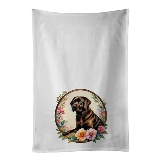 Chocolate Labrador Retriever and Flowers Kitchen Towel Set of 2 White Dish Towels 19 in x 28 in