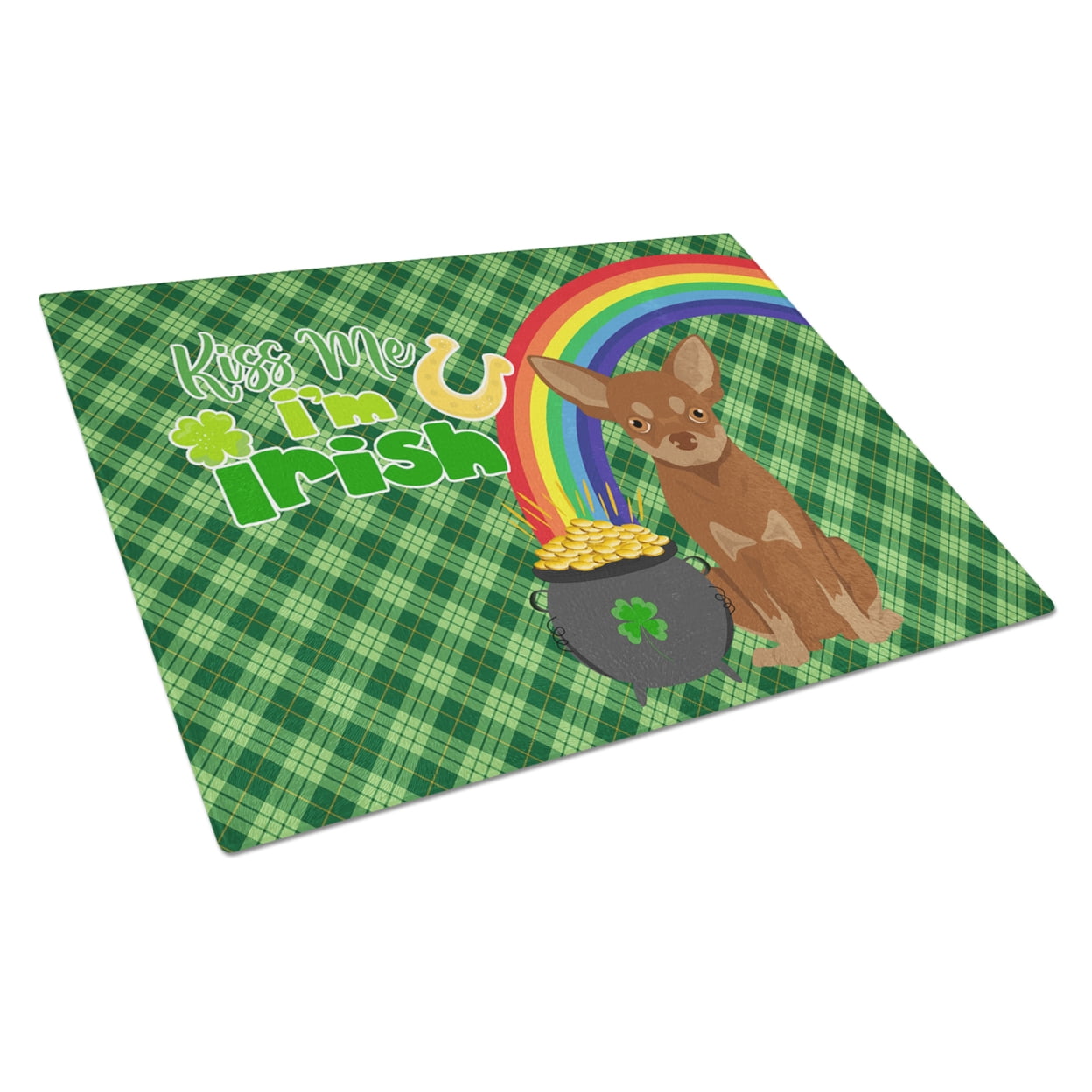 Chocolate and Tan Chihuahua St. Patrick's Day Glass Cutting Board Large 12 in x 15 in