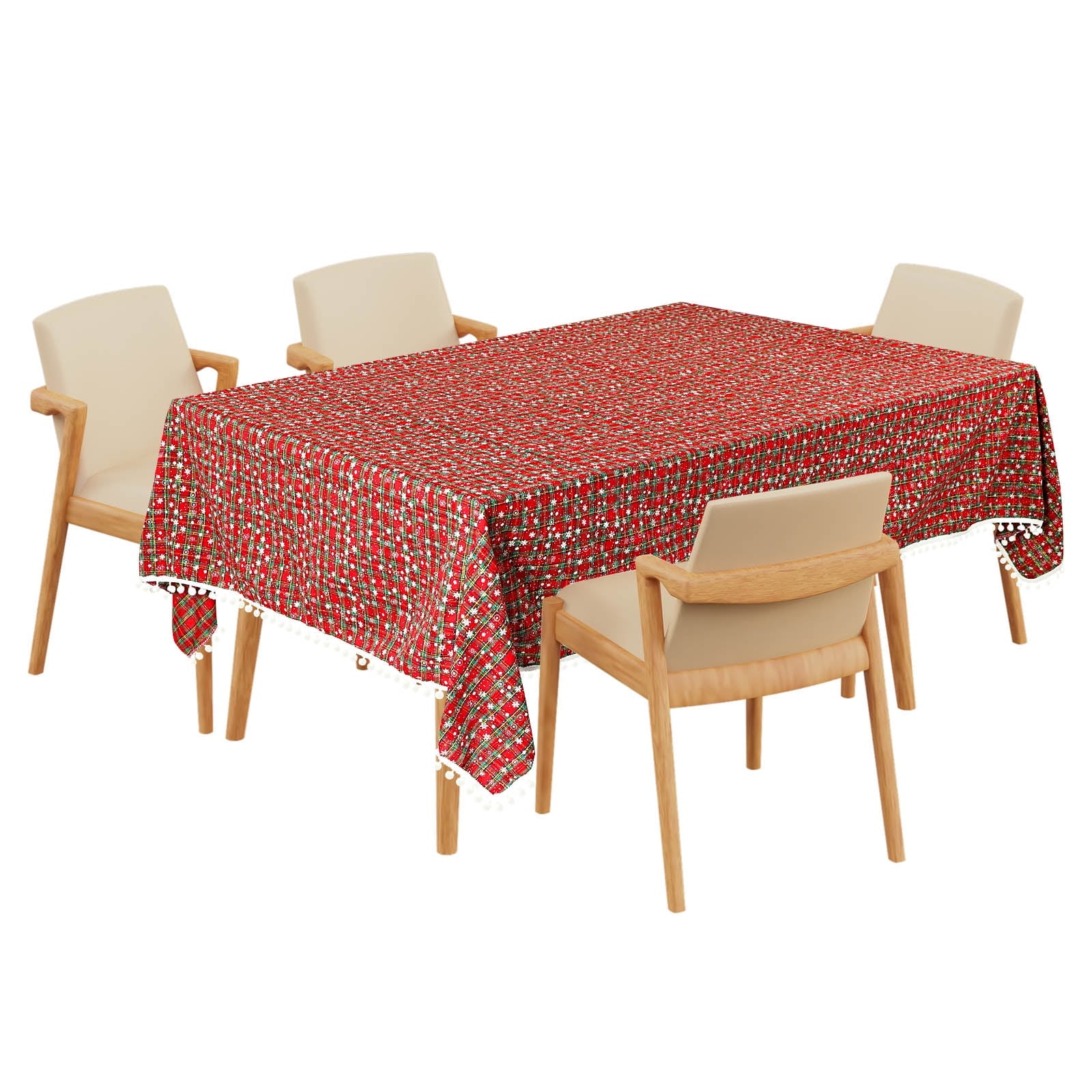 Christmas Plaid Tablecloth with Pom-Poms - Red/Green Fabric Table Cover for Holiday Dinners, Parties & Kitchen Decor 59 x 86.6in