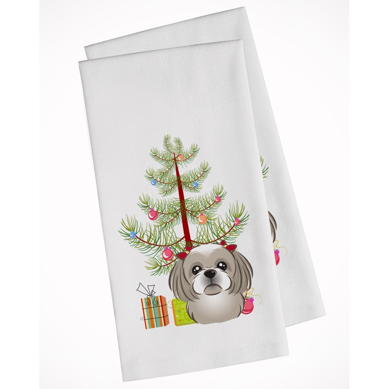 Christmas Tree and Gray Silver Shih Tzu White Kitchen Towel Set of 2