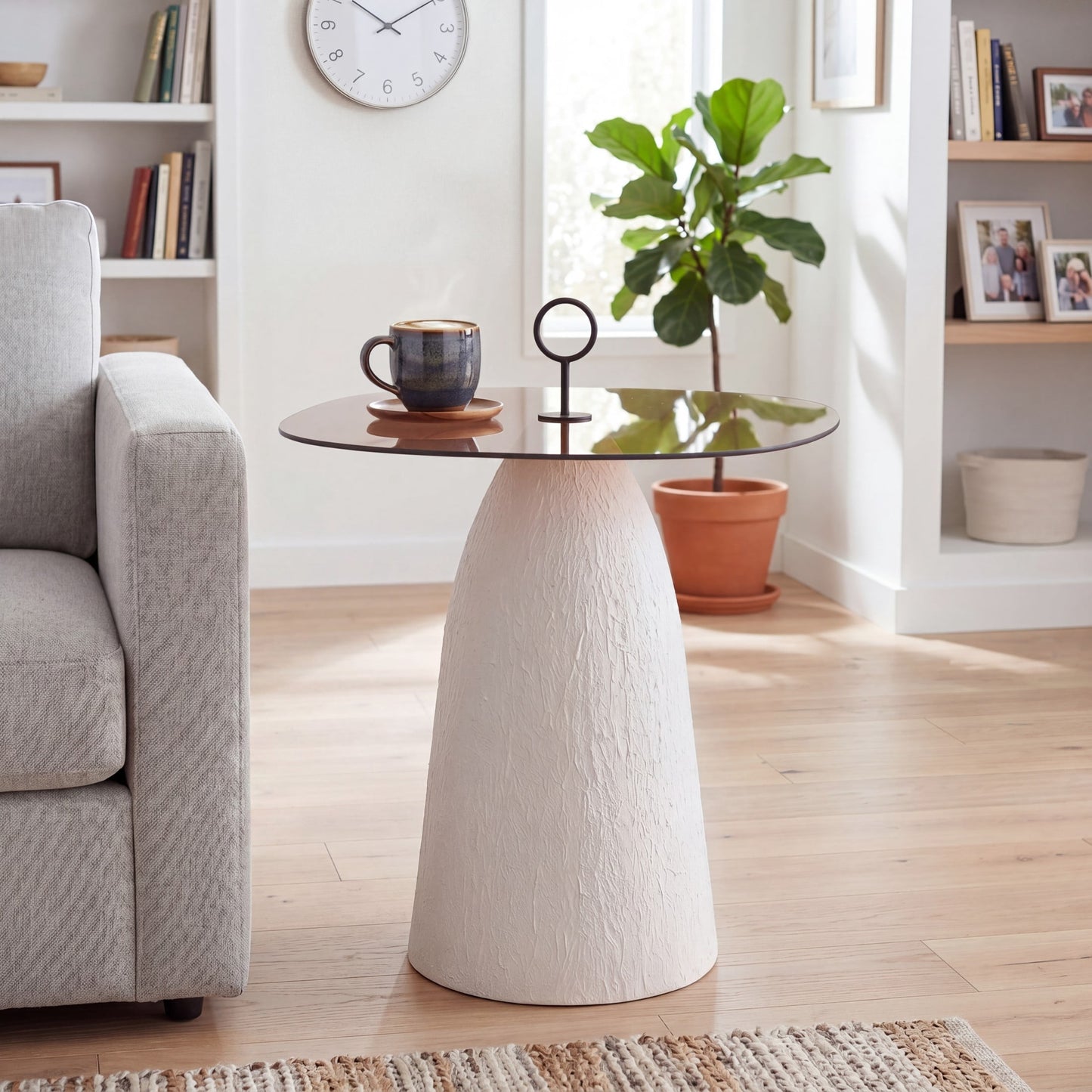 Christopher Knight Home 23.5"H Minimalist Accent Side Table, Brown Glass Top with White Textured Iron Base