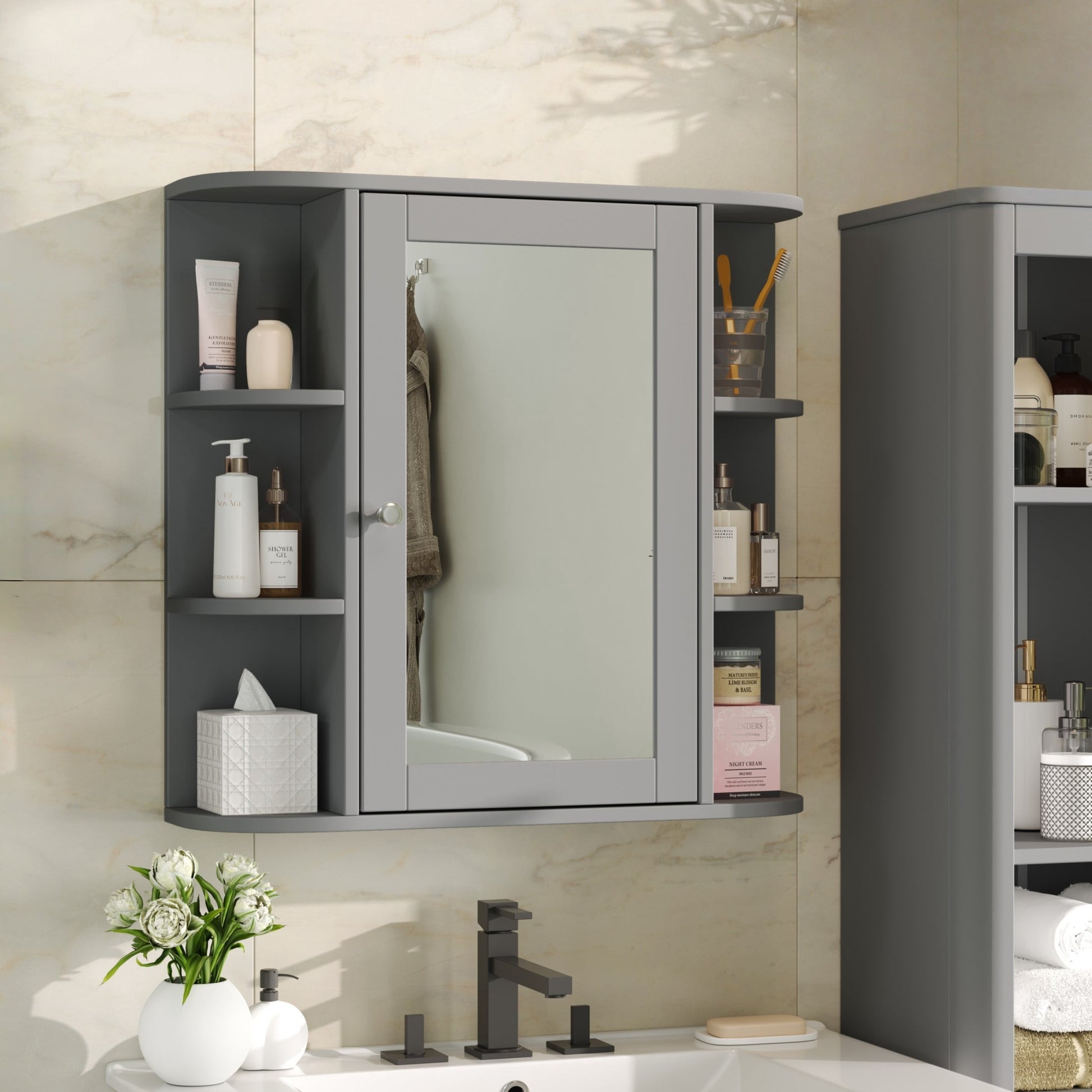 Christopher Knight Home 26" Bathroom Wall Cabinet with Mirror, Adjustable Shelves and Door, Gray