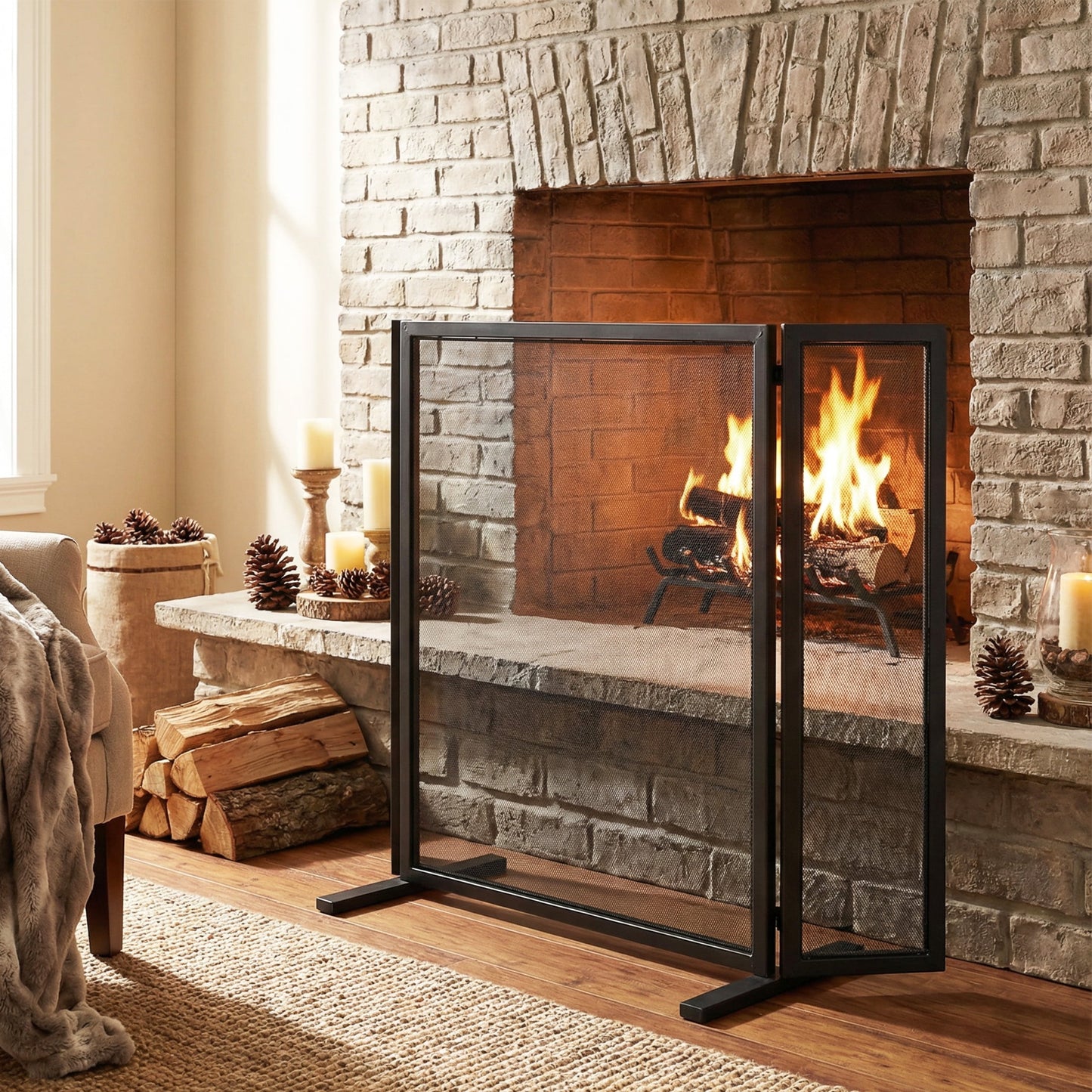 Christopher Knight Home 40" W x 31" H Minimalist Iron Fireplace Screen, 3-Panel Folding Mesh, Black
