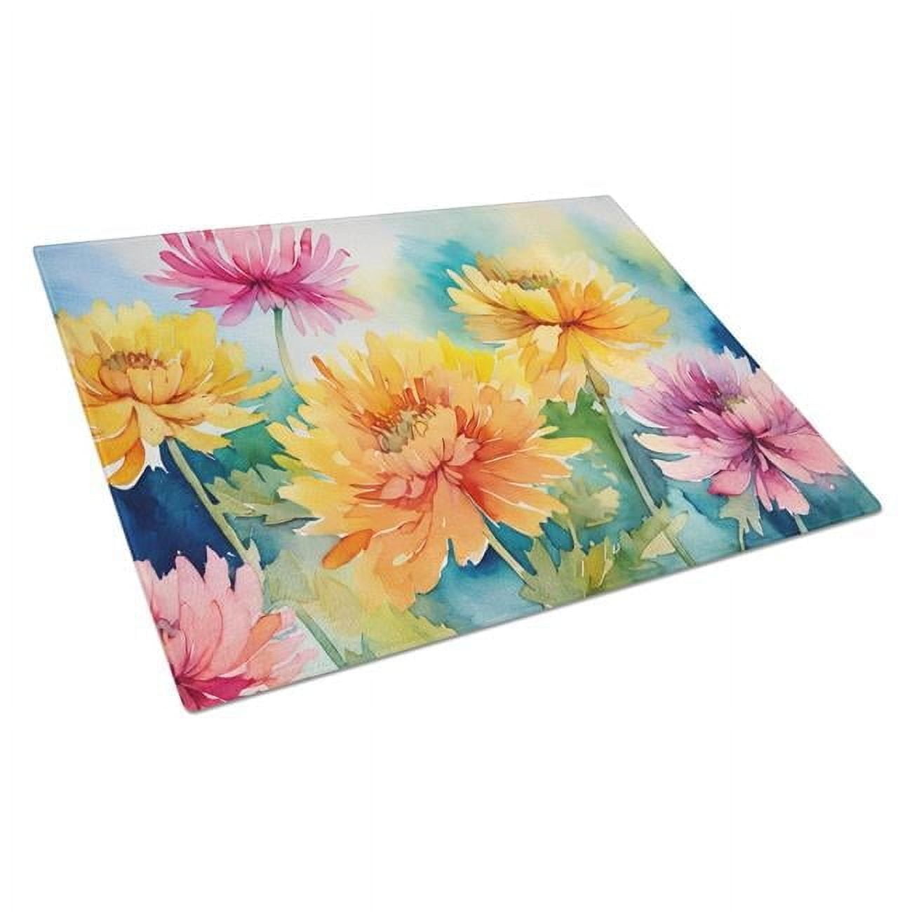 Chrysanthemums in Watercolor Glass Cutting Board Large 12 in x 15 in