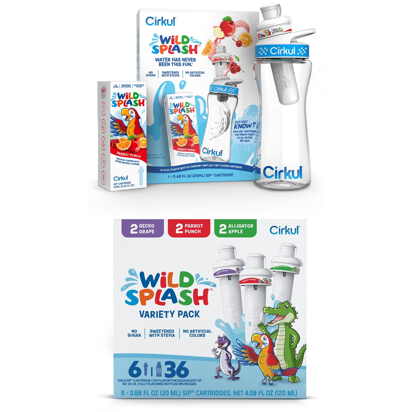 Cirkul 16oz Plastic Water Bottle Starter Kit with Blue Lid with 1 Flavor Cartridge and Wild Splash Flavor Cartridge Variety Pack, Drink Mix, 6-Pack
