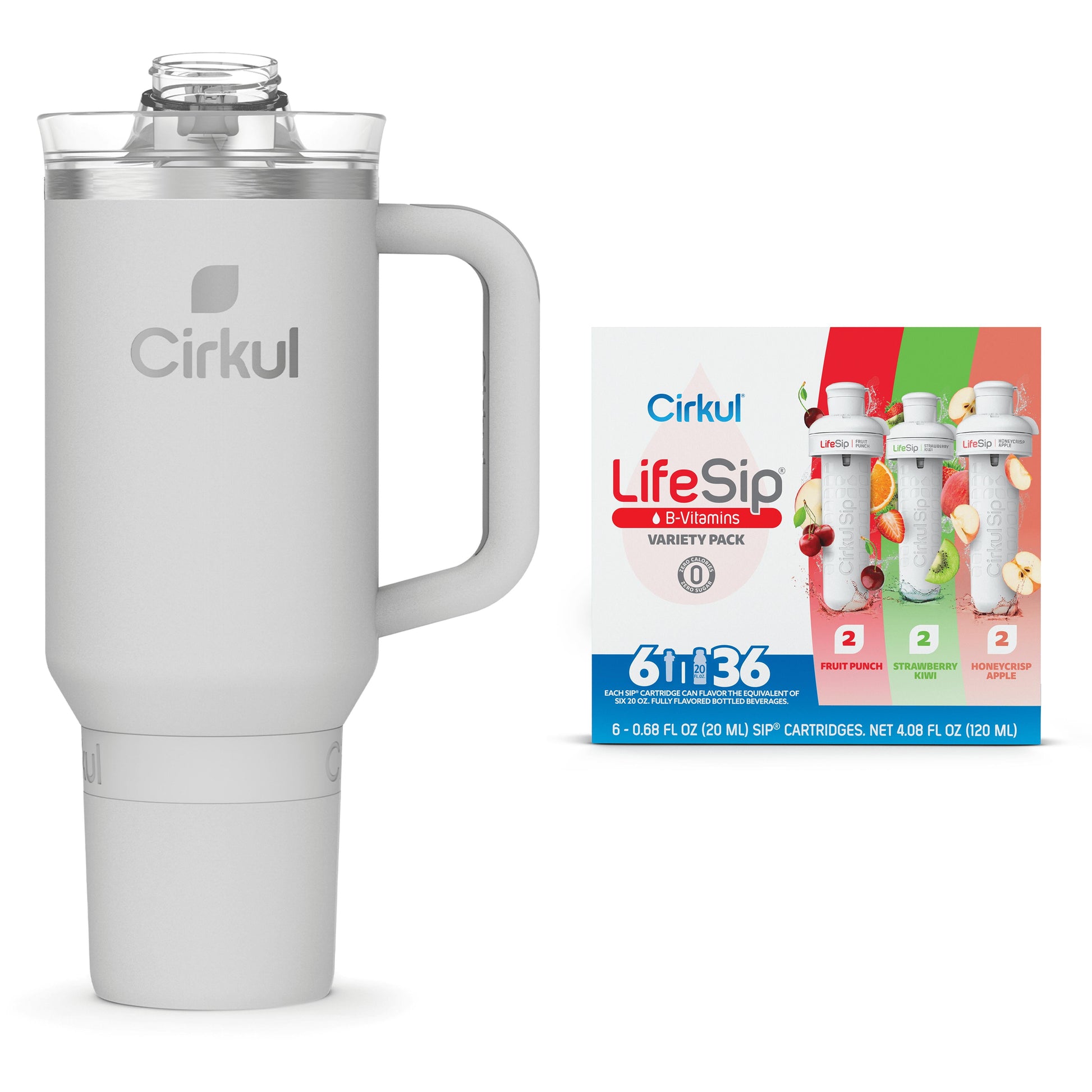 Cirkul 40oz All-Day StrawSip, Fog Gray & Cirkul LifeSip Flavor Cartridge Variety Pack, Drink Mix, 6-Pack