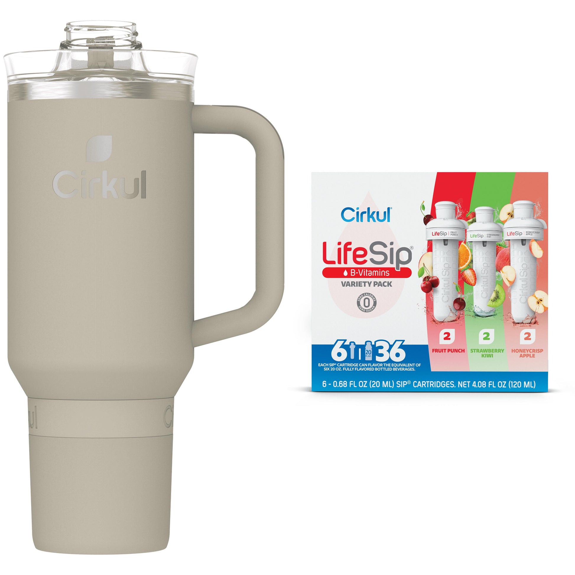 Cirkul 40oz All-Day StrawSip, Ranger Green & Cirkul LifeSip Flavor Cartridge Variety Pack, Drink Mix, 6-Pack