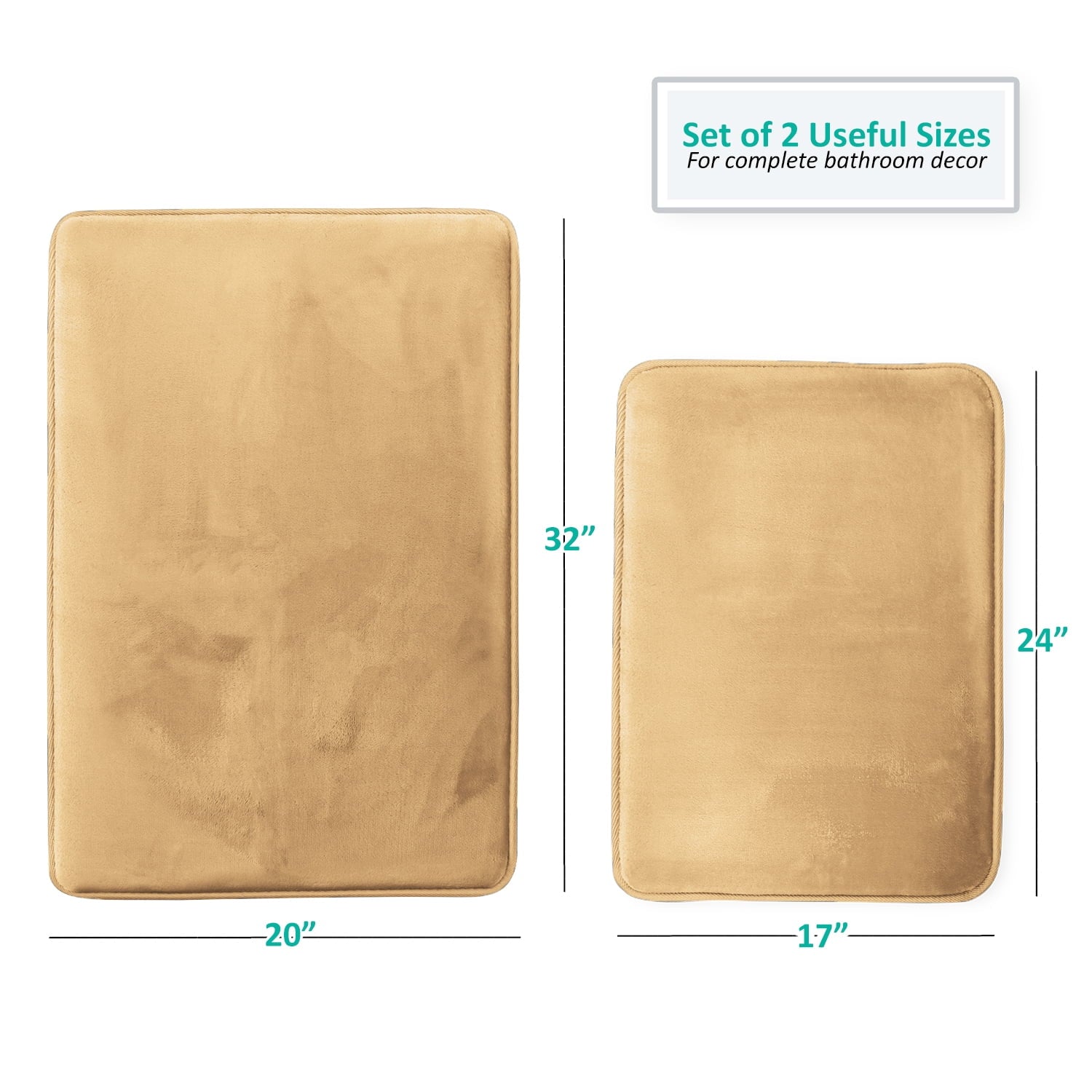 Clara Clark 2 Piece Premium Memory Foam Bathroom Mat Set, 17x24 Plus 20x32 Inch Bath Rugs, Camel Gold