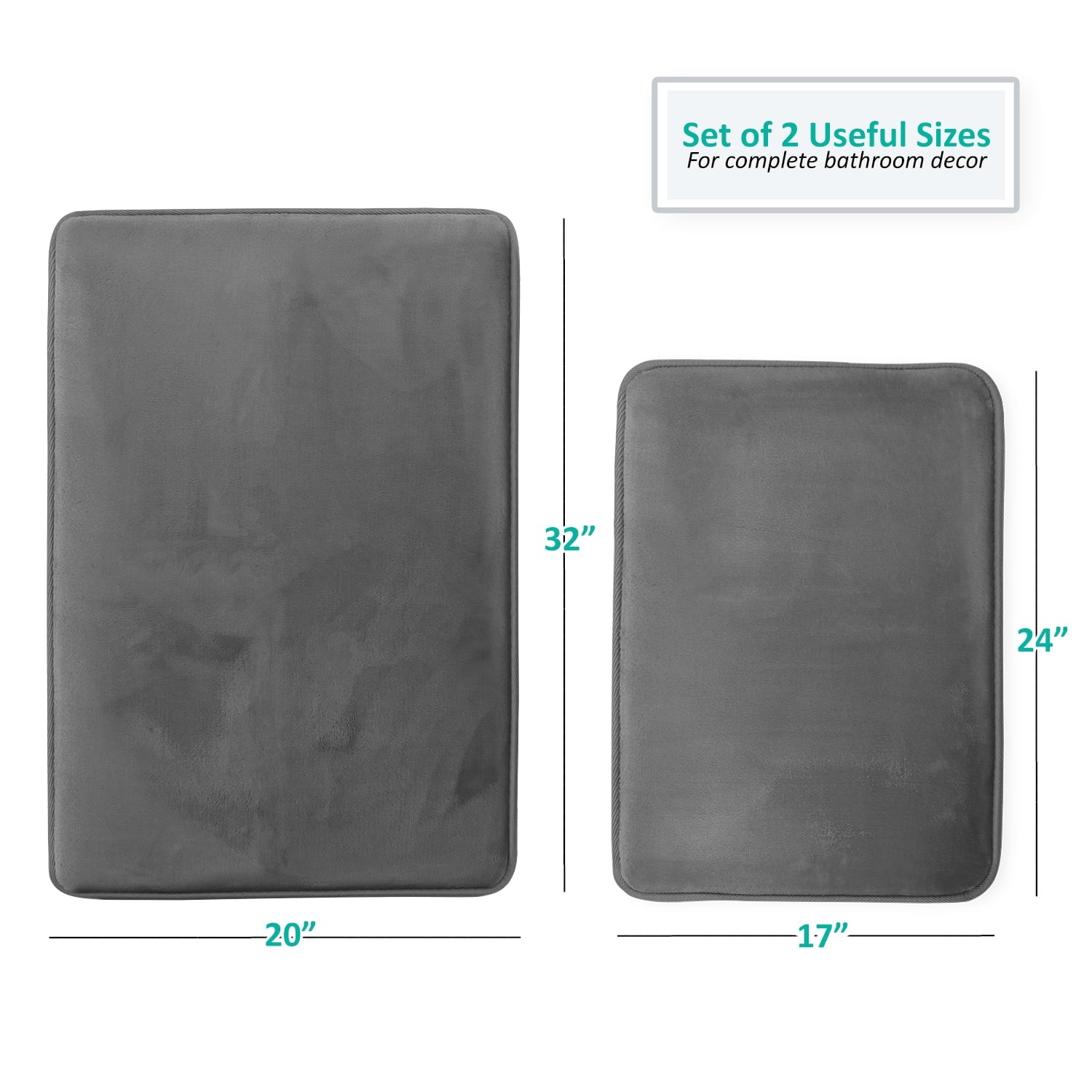 Clara Clark 2 Piece Premium Memory Foam Bathroom Mat Set, 17x24 Plus 20x32 inch Bath Rugs, Gray