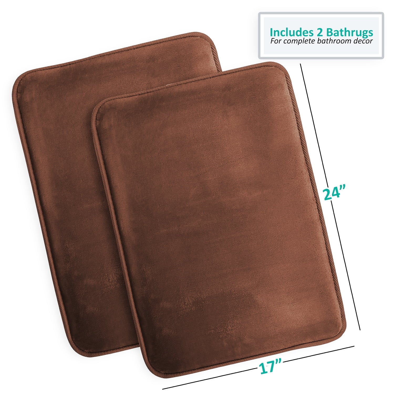 Clara Clark 2 Piece Premium Memory Foam Bathroom Mat Set, Set of 2 17x24 Inch Bath Rugs, Brown