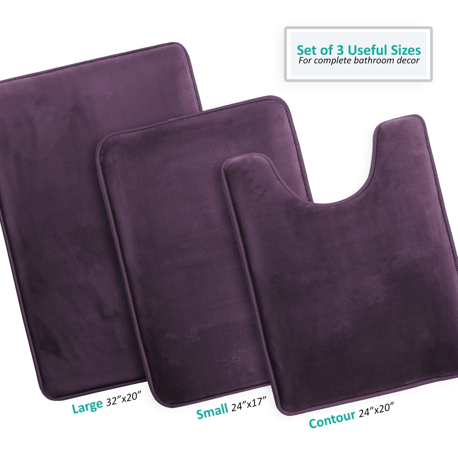 Clara Clark Juego de 3 Piezas de Tapetes de BaÃ±o Premium de Memory Foam - Incluye 20x32, 17x24, Tapete de BaÃ±o Contorneada, Tapetes Absorbentes para el Piso, Berenjena