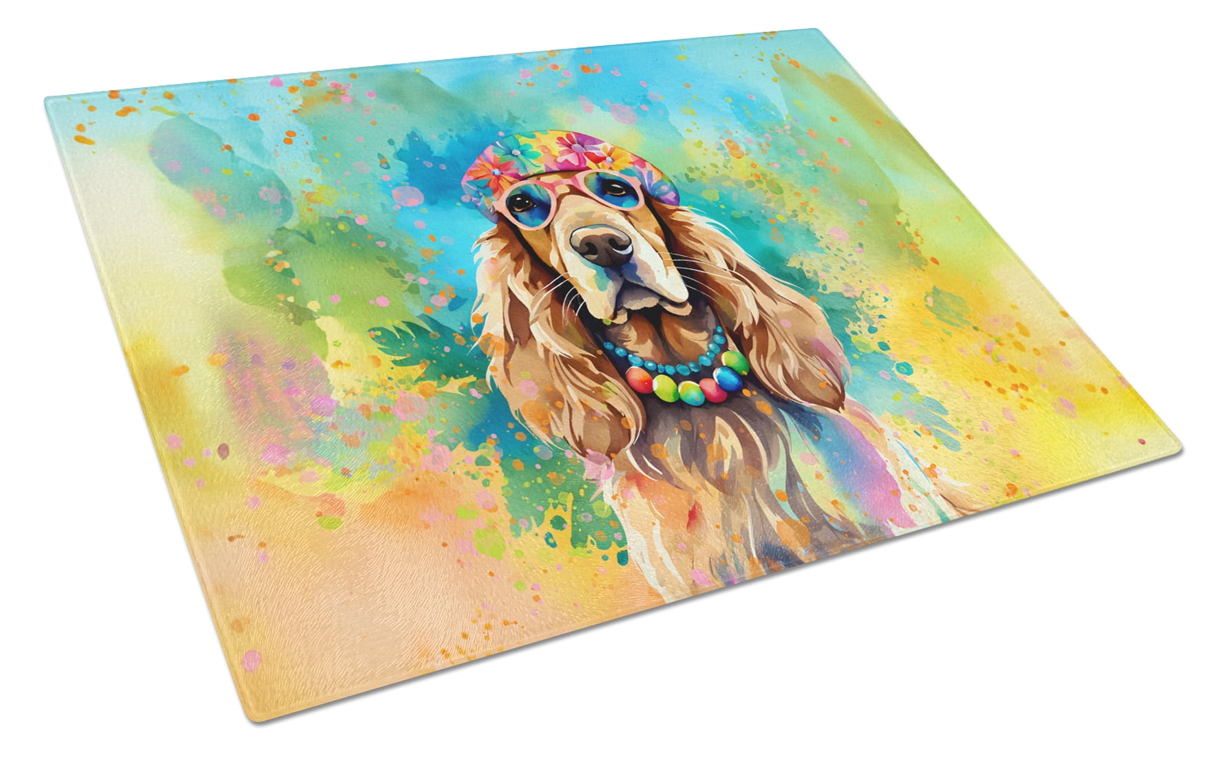 Cocker Spaniel Hippie Dawg Glass Cutting Board Large 12 in x 15 in