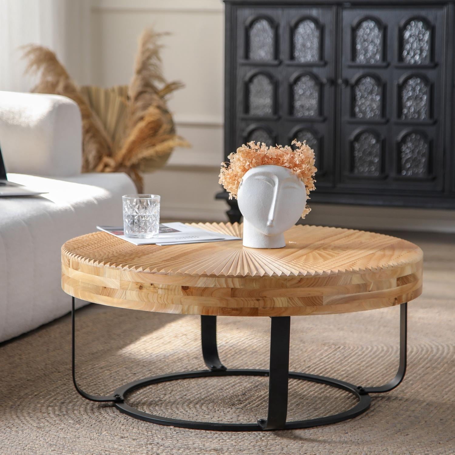 Mesa de Centro, DiseÃ±o Moderno Redondo con Tapa de Madera de Pino Tallada y Base de Metal Curvada, Capacidad de Peso de 220 Libras para Sala de Estar, Oficina, RecepciÃ³n, 31.5 Pulgadas Natural+negro