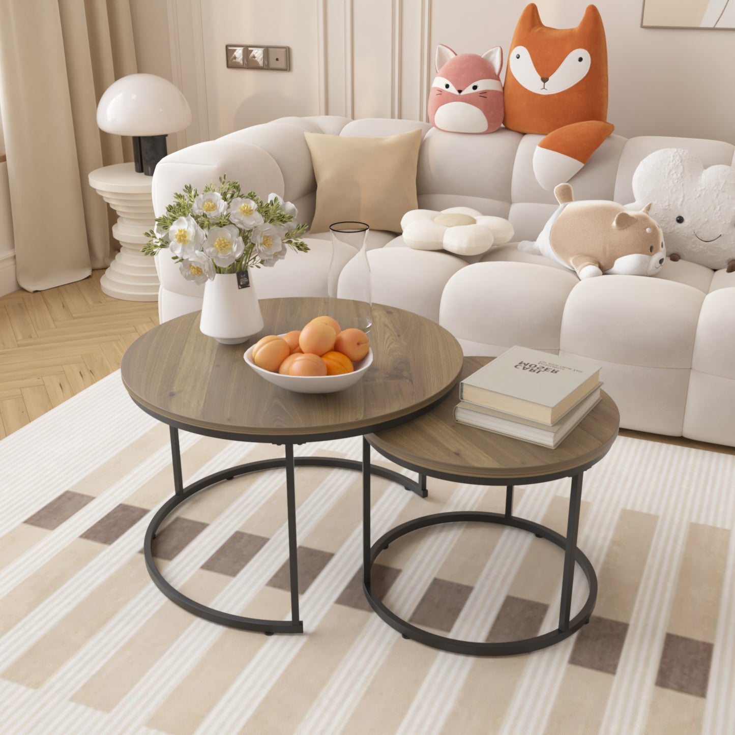 Coffee Table Set of 2,27.6 inch Round Coffee Table with Sturdy Metal Frame,End Table Side Tables for Living Room Bedroom,Brown