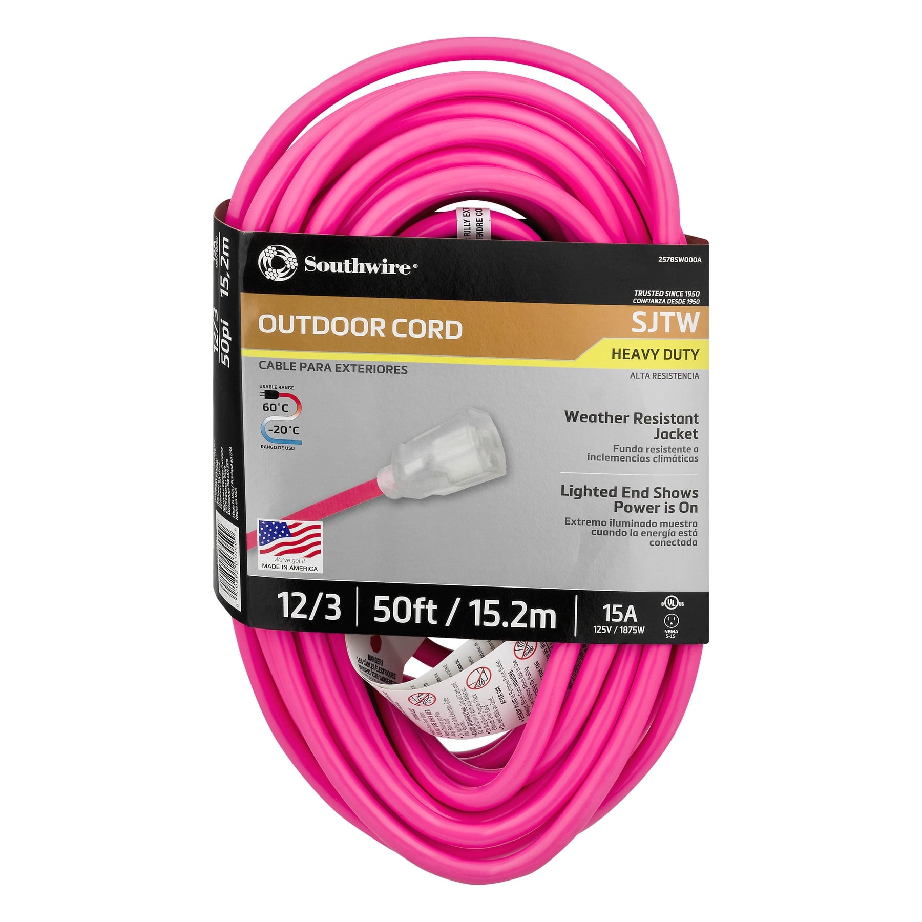 Southwire 2578SW000A 12/3 50' Neon Pink All Purpose Extension Cord