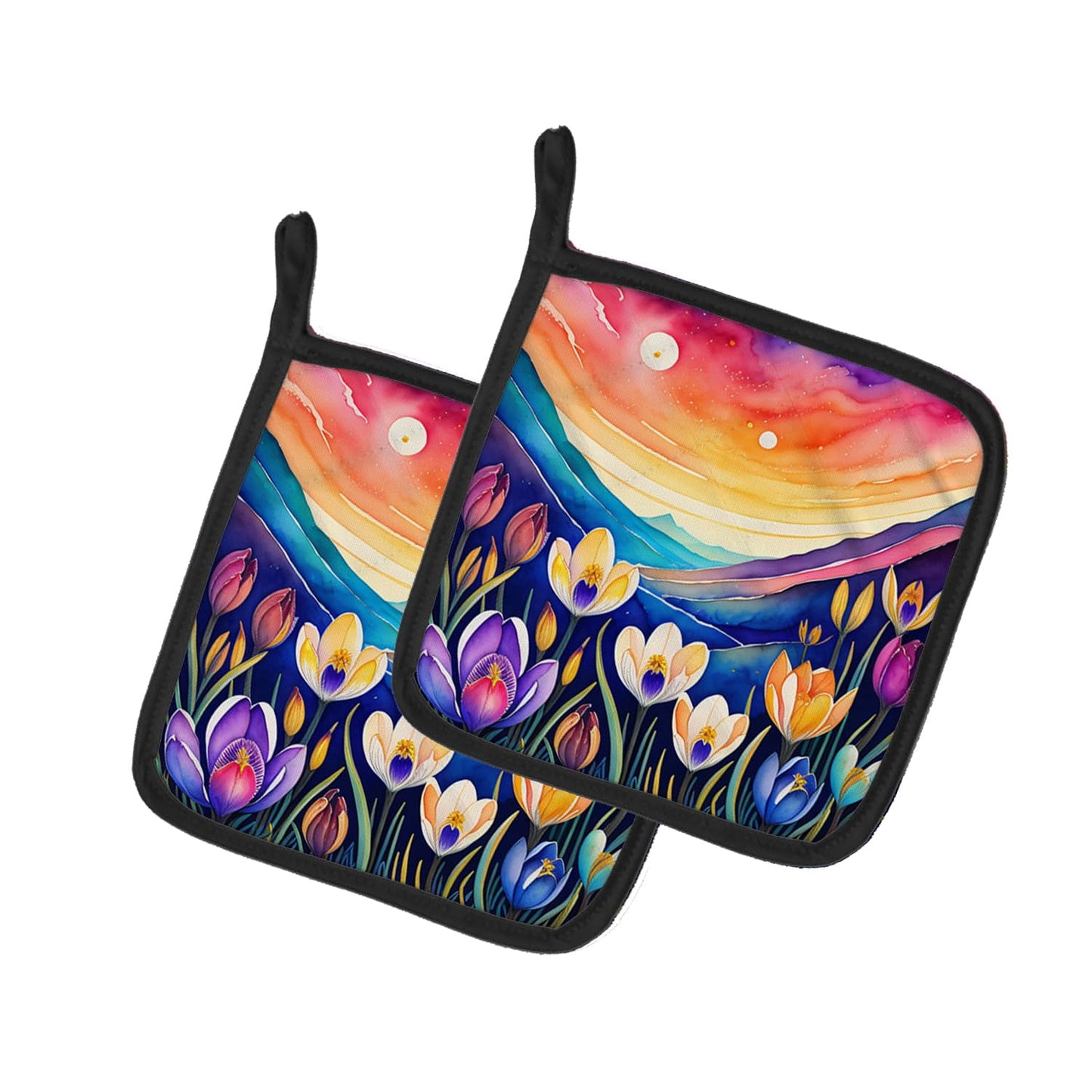 Colorful Crocus Pair of Pot Holders 7.5 in x 7.5 in