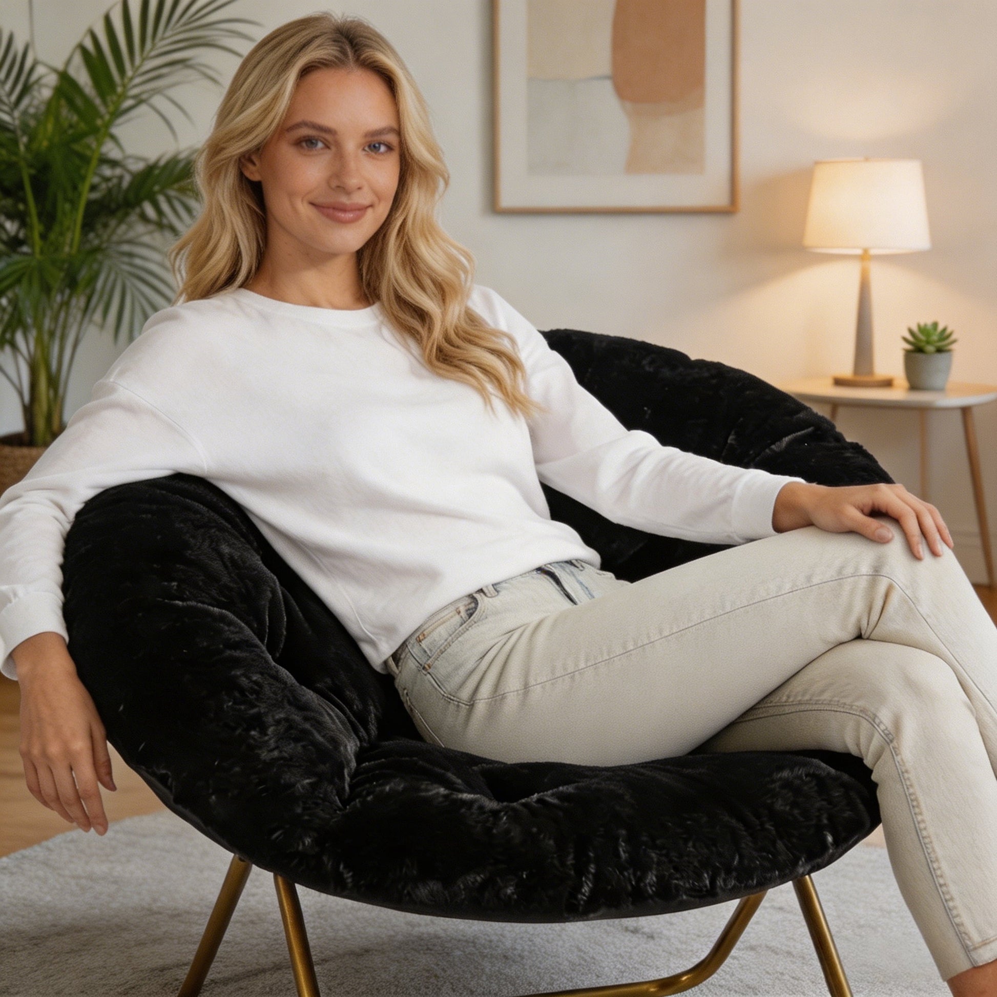 Comfortable Faux Fur Disc Chair, Adult Size Black, for Bedroom Living Room Furniture