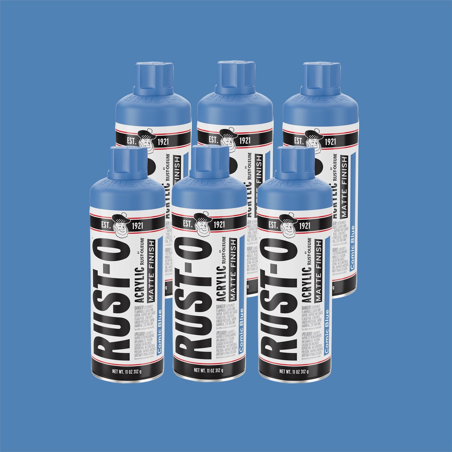 6 Pack, Comic Blue, Rust-Oleum Rust-O Acrylic Matte Spray Paint-392200, 11 oz