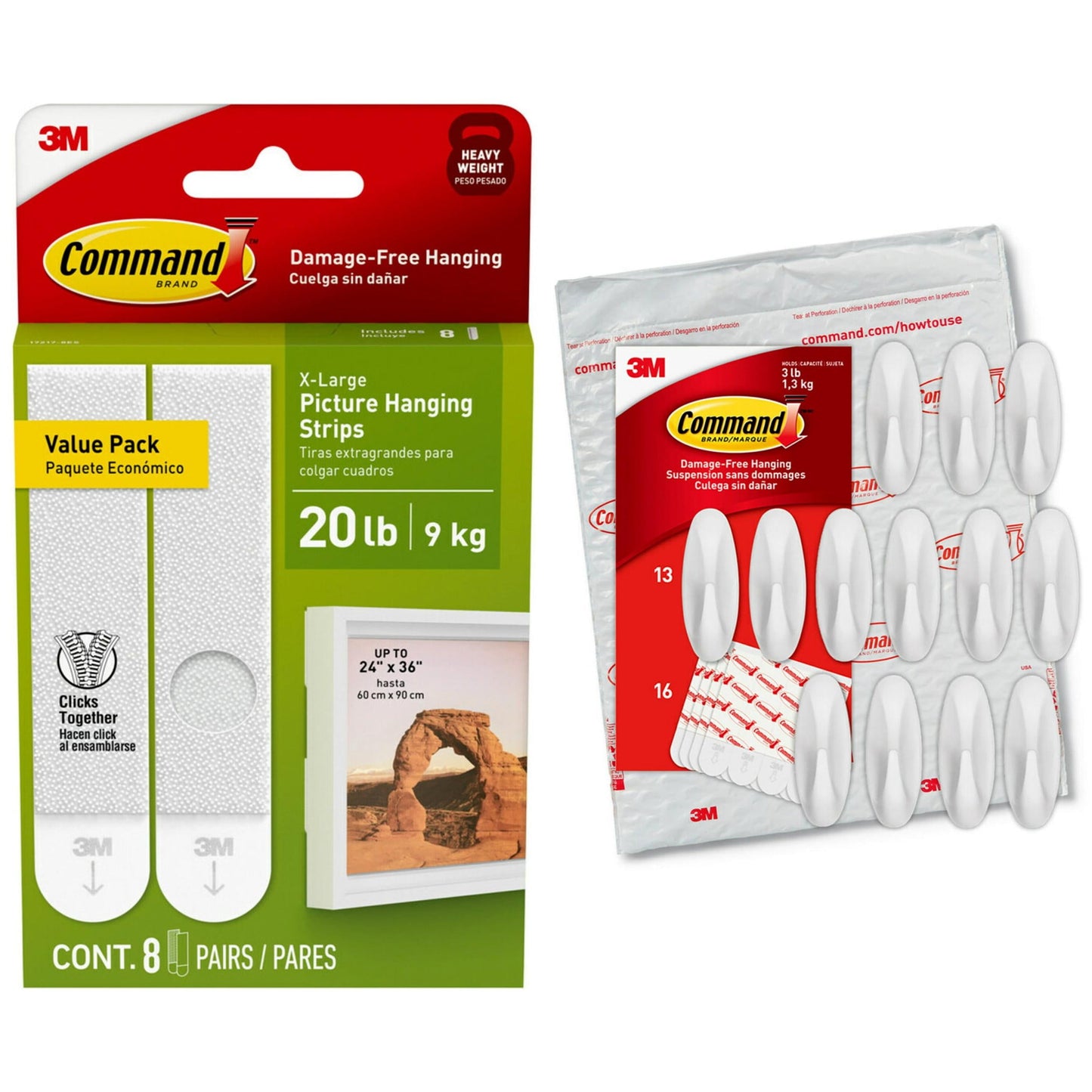 Command 20 Lb XL Heavyweight Picture Hanging Strips, 8 Pairs Bundled with 13 Medium Designer Wall Hooks - Use to Hang Dorm Decorations
