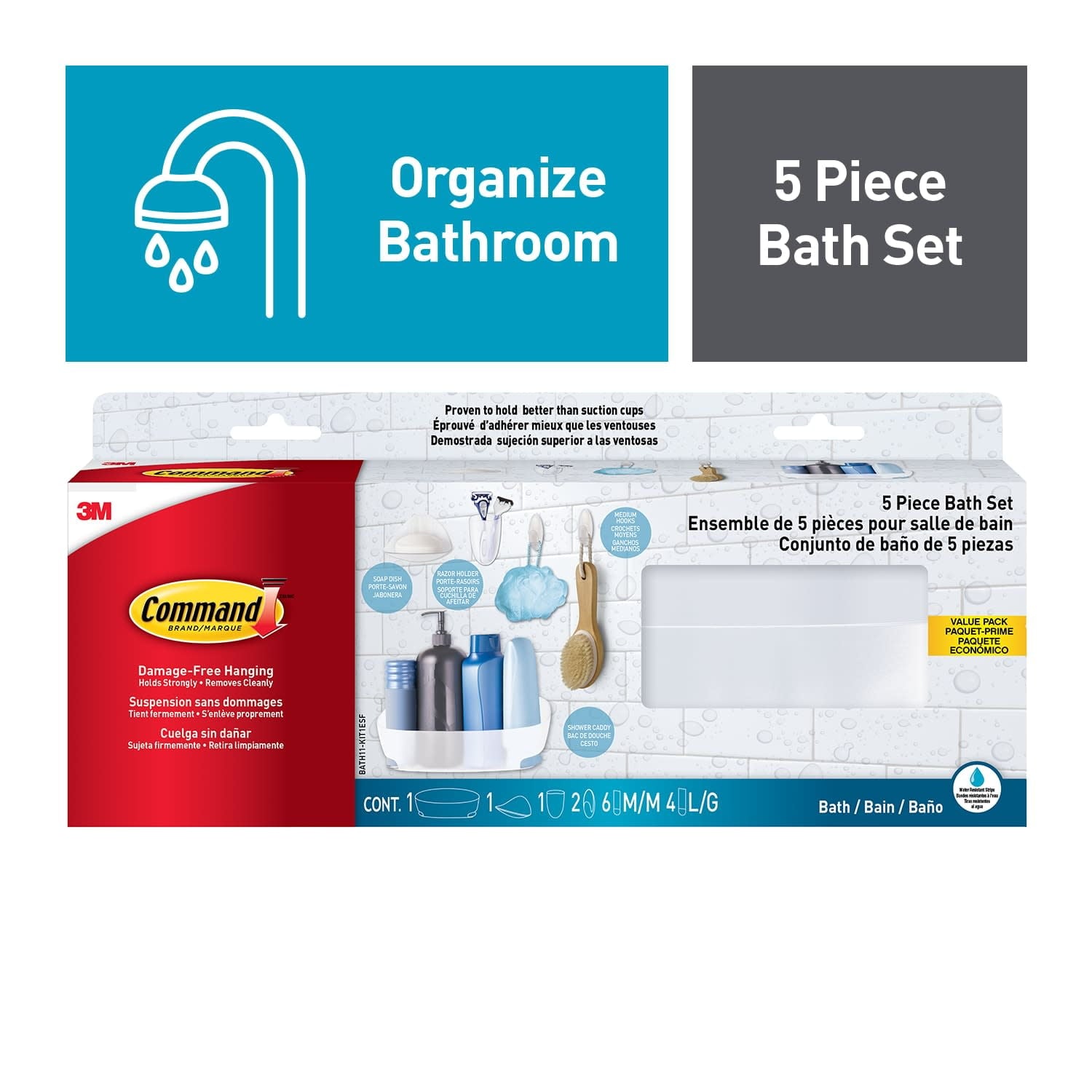Command Juego de BaÃ±o de 5 Piezas, 1 Organizador, 1 Jabonera, 1 Soporte para Rasuradora, 2 Ganchos Medianos